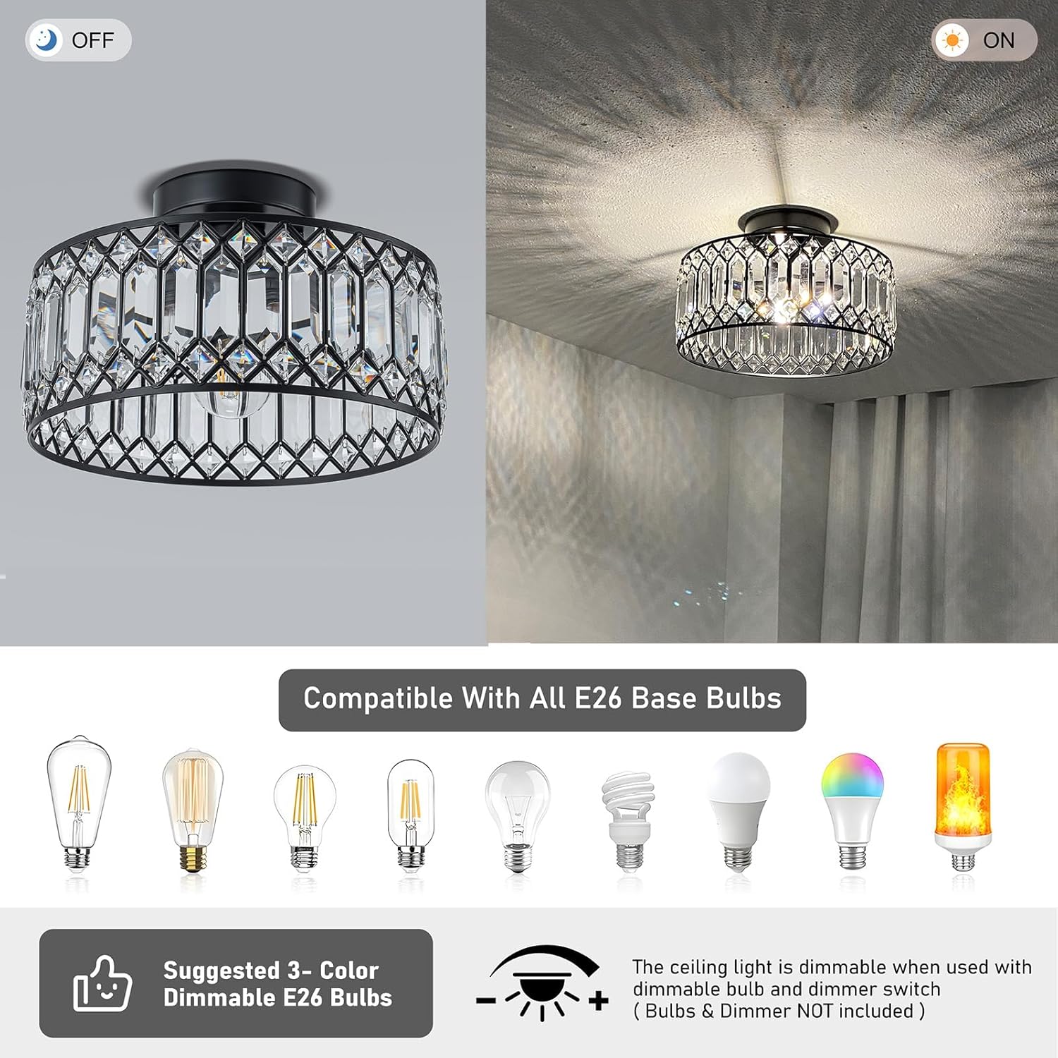 Modern Crystal Semi Flush Mount Ceiling Light with E26 Base, Dimmable Black Fixture for Bedroom and Living Room