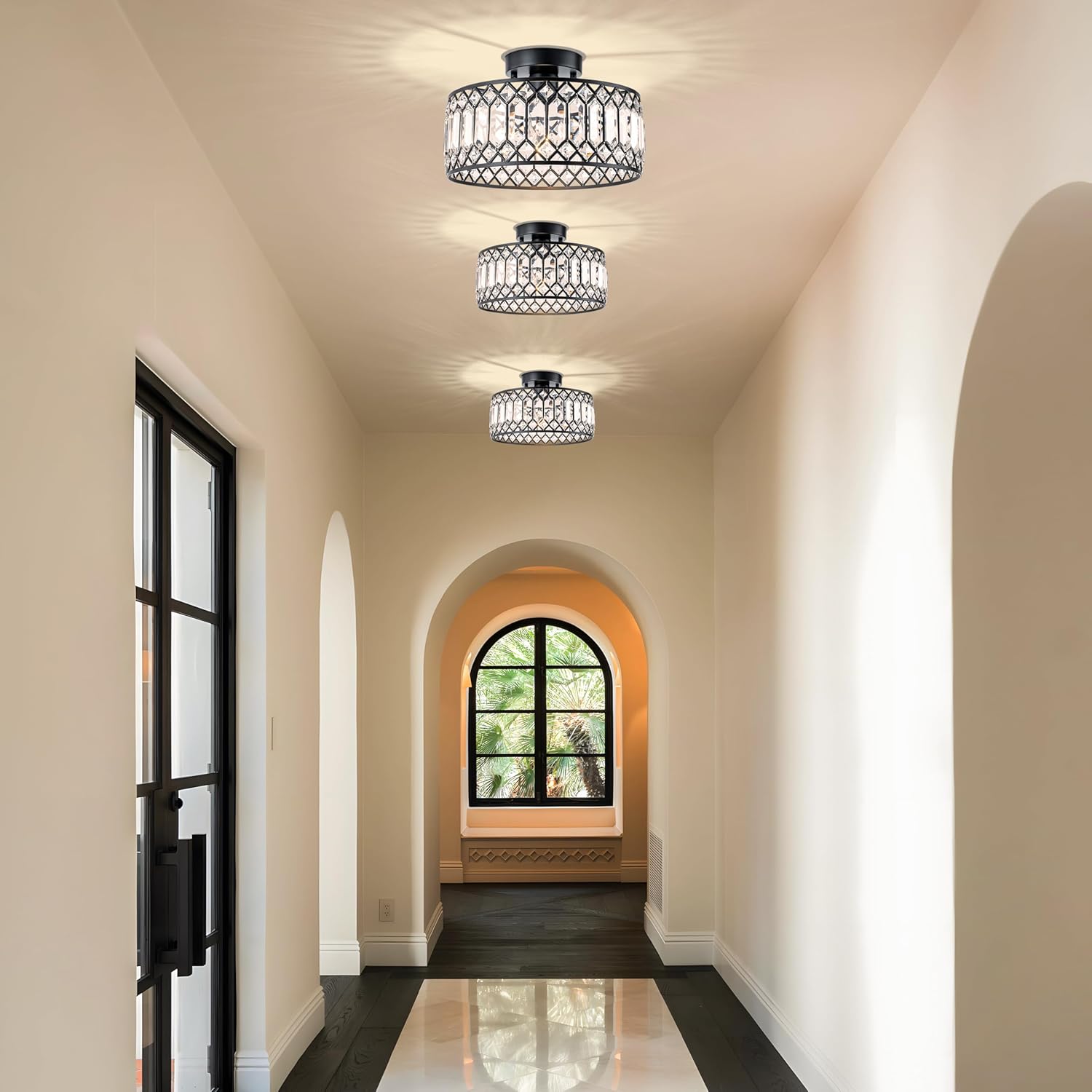 Modern Crystal Semi Flush Mount Ceiling Light with E26 Base, Dimmable Black Fixture for Bedroom and Living Room