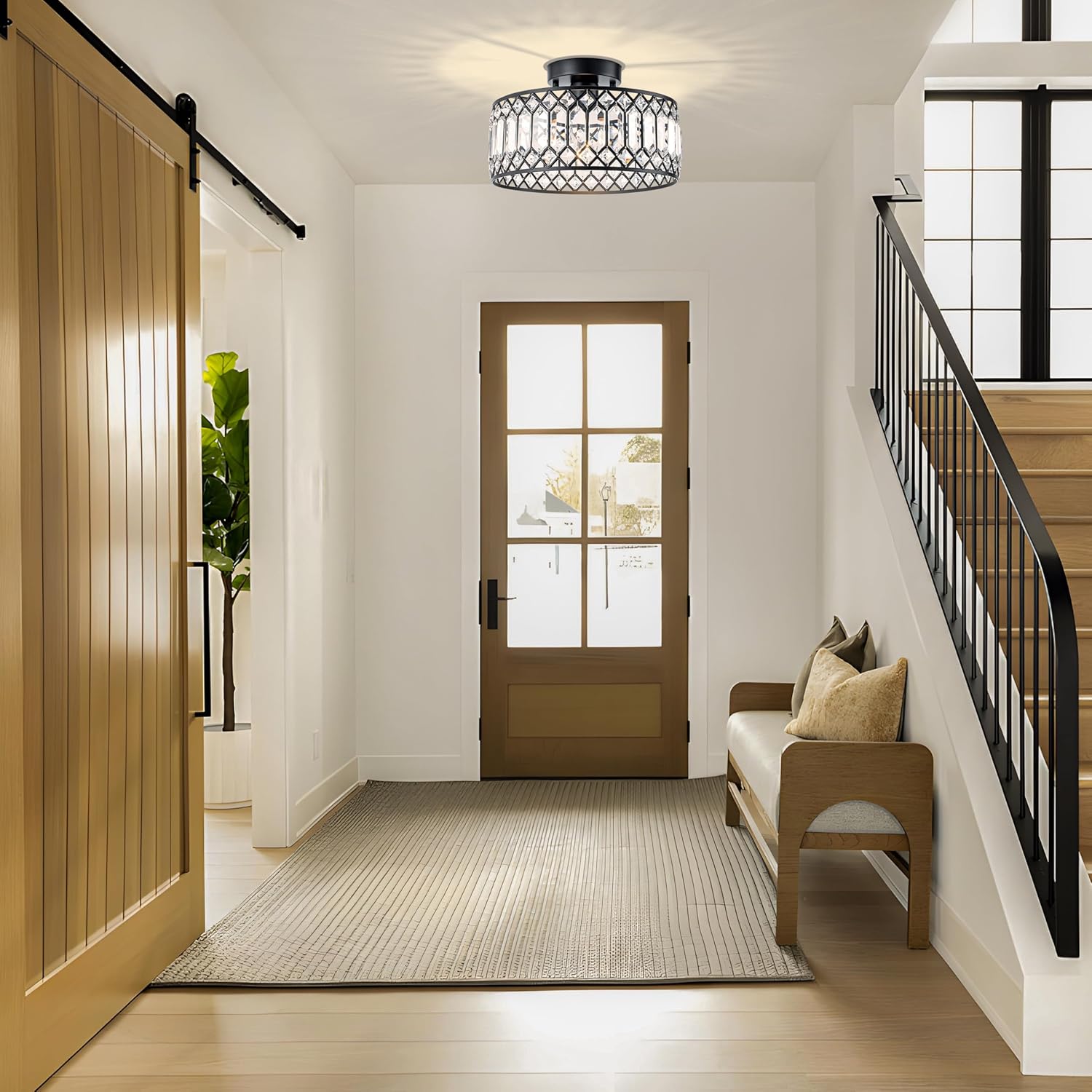 Modern Crystal Semi Flush Mount Ceiling Light with E26 Base, Dimmable Black Fixture for Bedroom and Living Room