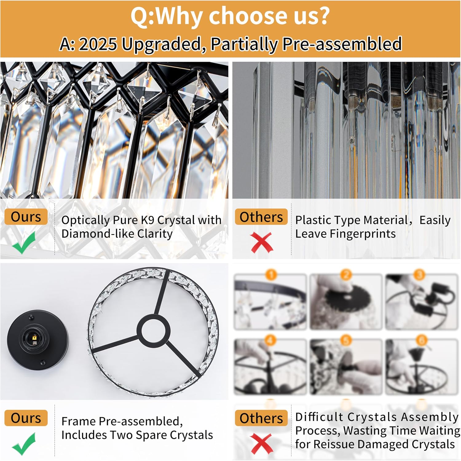 Modern Crystal Semi Flush Mount Ceiling Light with E26 Base, Dimmable Black Fixture for Bedroom and Living Room