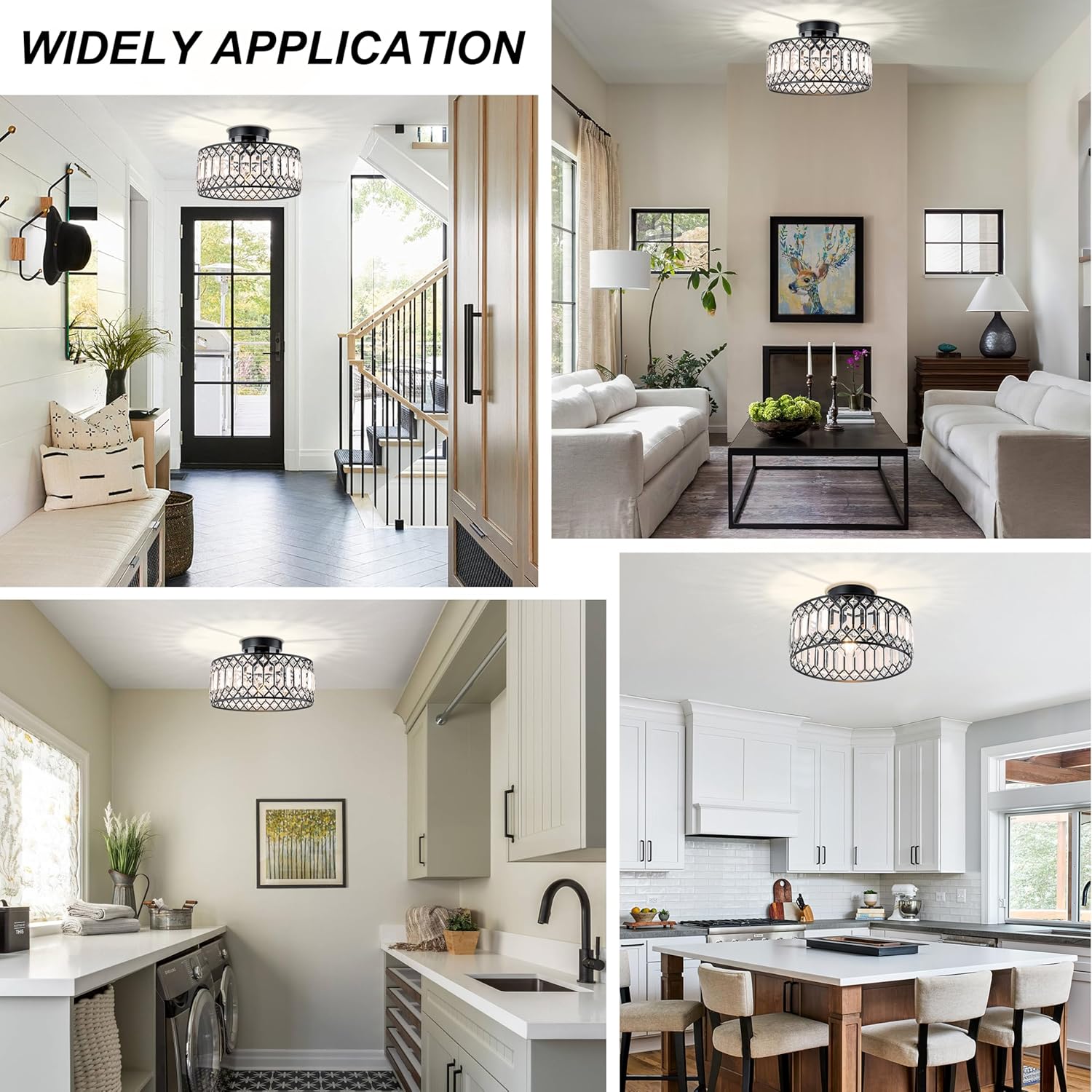 Modern Crystal Semi Flush Mount Ceiling Light with E26 Base, Dimmable Black Fixture for Bedroom and Living Room