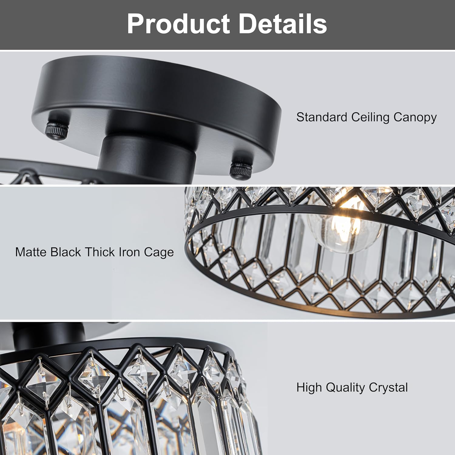 Modern Crystal Semi Flush Mount Ceiling Light with E26 Base, Dimmable Black Fixture for Bedroom and Living Room