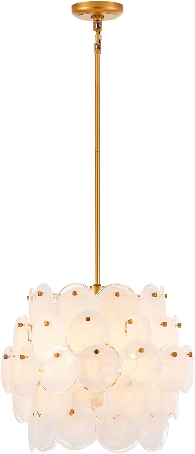 Luxury Gold Pendant Light with Frosted Glass Discs – Adjustable E12 Ceiling Chandelier for Dining and Living Room