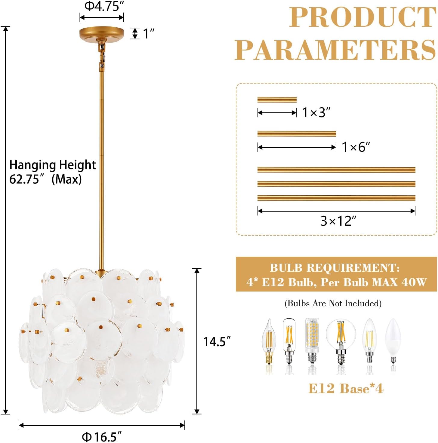 Luxury Gold Pendant Light with Frosted Glass Discs – Adjustable E12 Ceiling Chandelier for Dining and Living Room