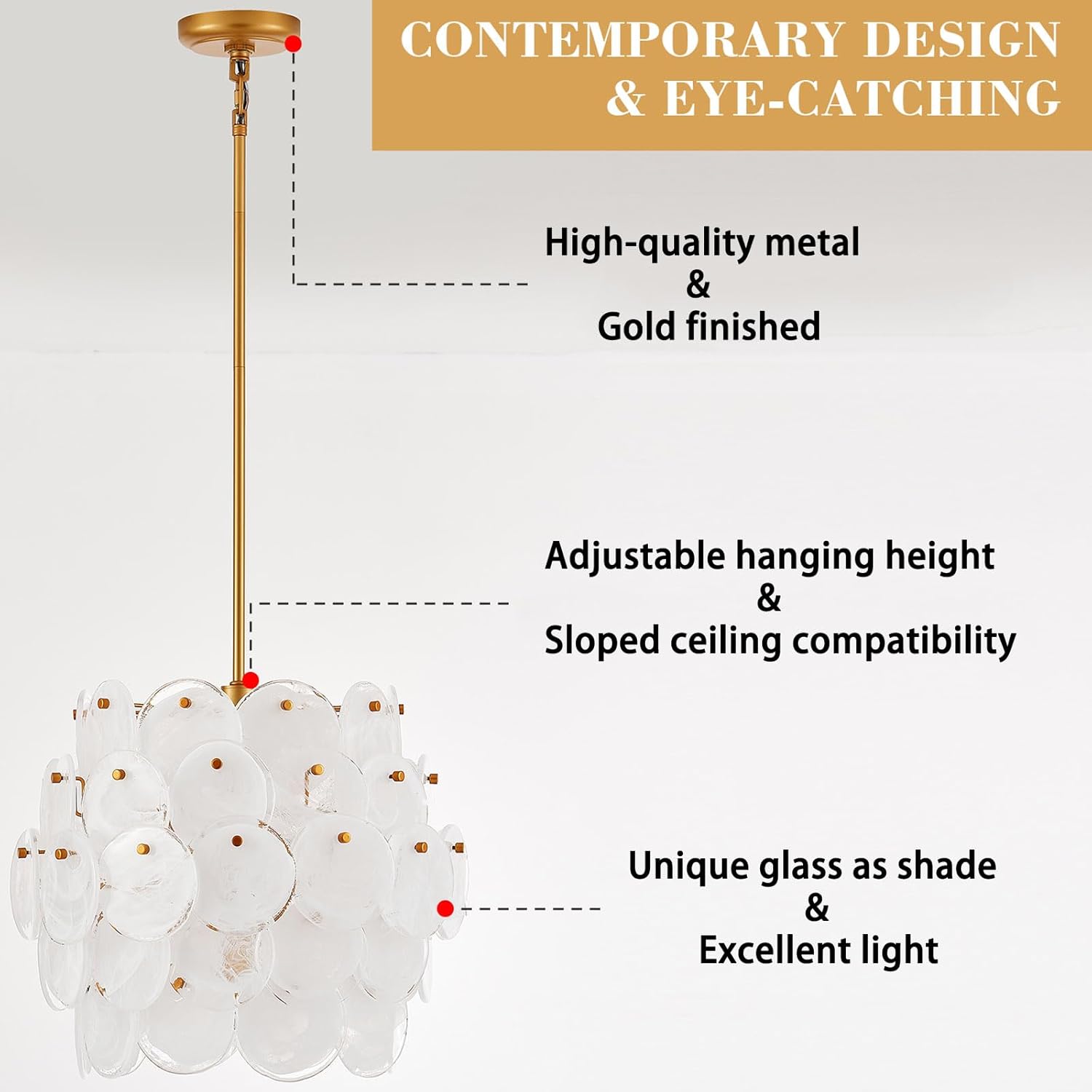 Luxury Gold Pendant Light with Frosted Glass Discs – Adjustable E12 Ceiling Chandelier for Dining and Living Room