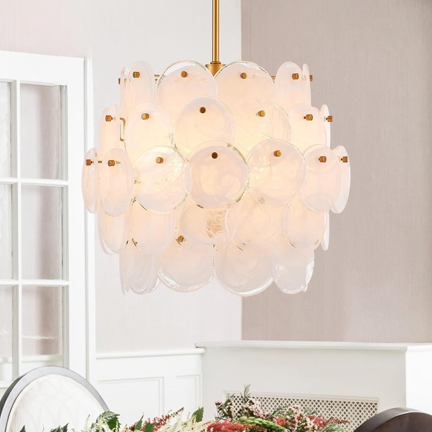 Luxury Gold Pendant Light with Frosted Glass Discs – Adjustable E12 Ceiling Chandelier for Dining and Living Room
