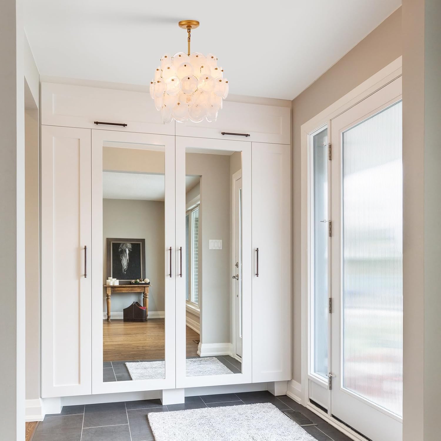 Luxury Gold Pendant Light with Frosted Glass Discs – Adjustable E12 Ceiling Chandelier for Dining and Living Room