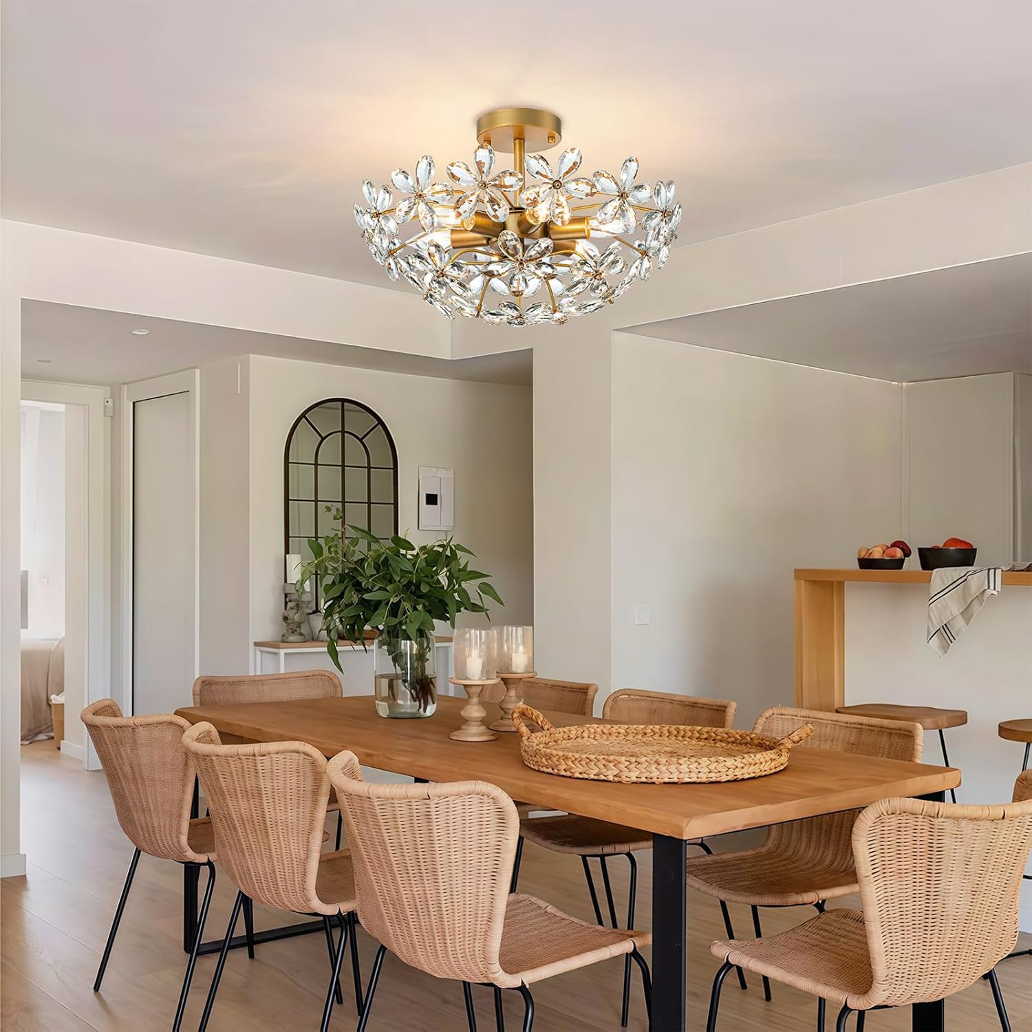 Modern Flush Mount Crystal Ceiling Light - 6-Light Gold Semi-Flush Fixture with Floral K9 Crystals & E12 Sockets