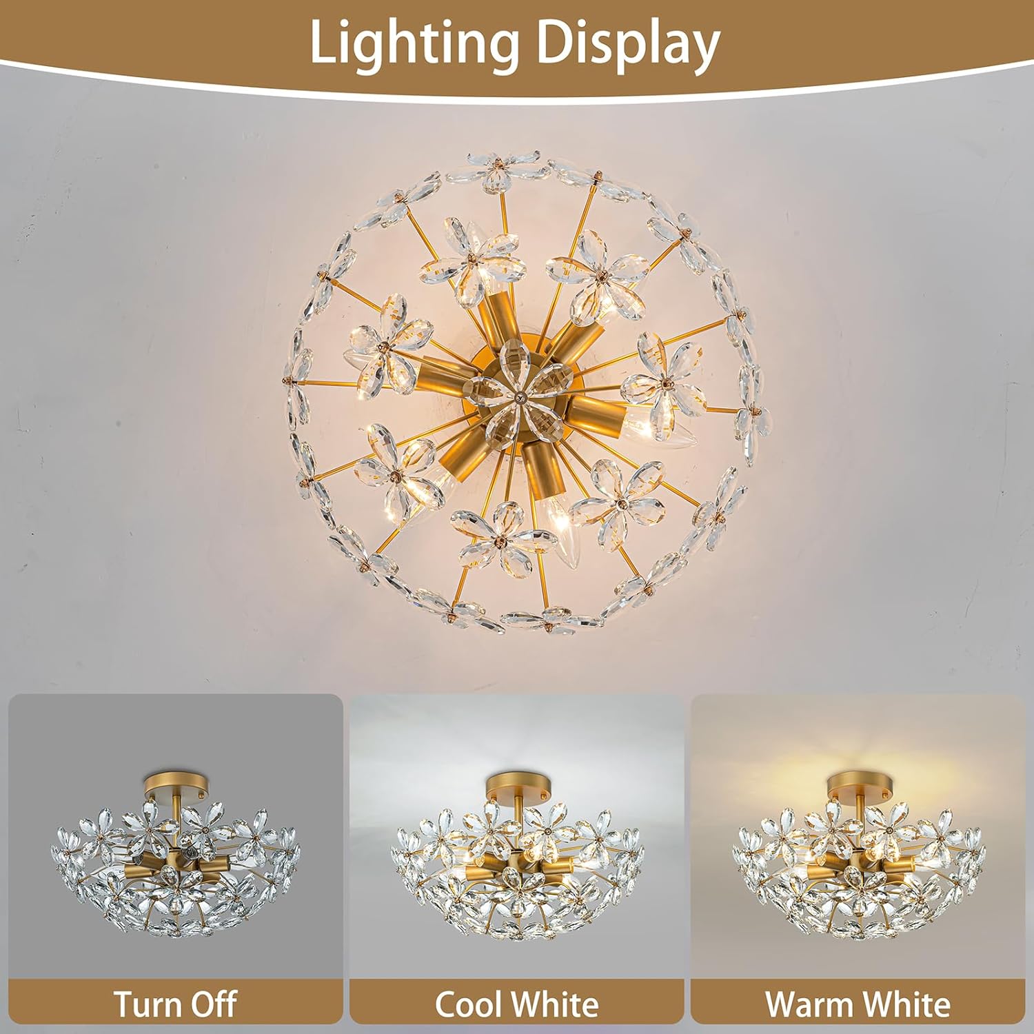 Modern Flush Mount Crystal Ceiling Light - 6-Light Gold Semi-Flush Fixture with Floral K9 Crystals & E12 Sockets
