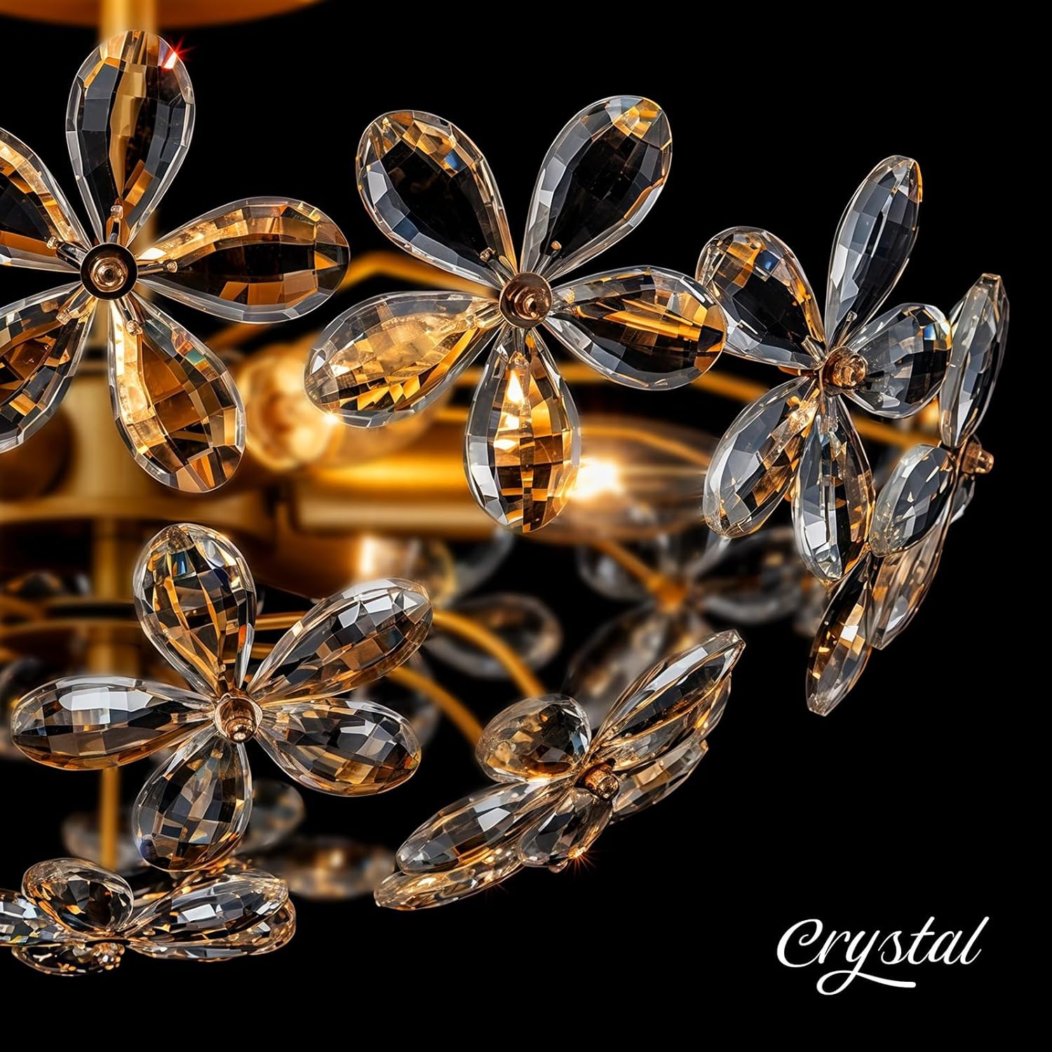 Modern Flush Mount Crystal Ceiling Light - 6-Light Gold Semi-Flush Fixture with Floral K9 Crystals & E12 Sockets