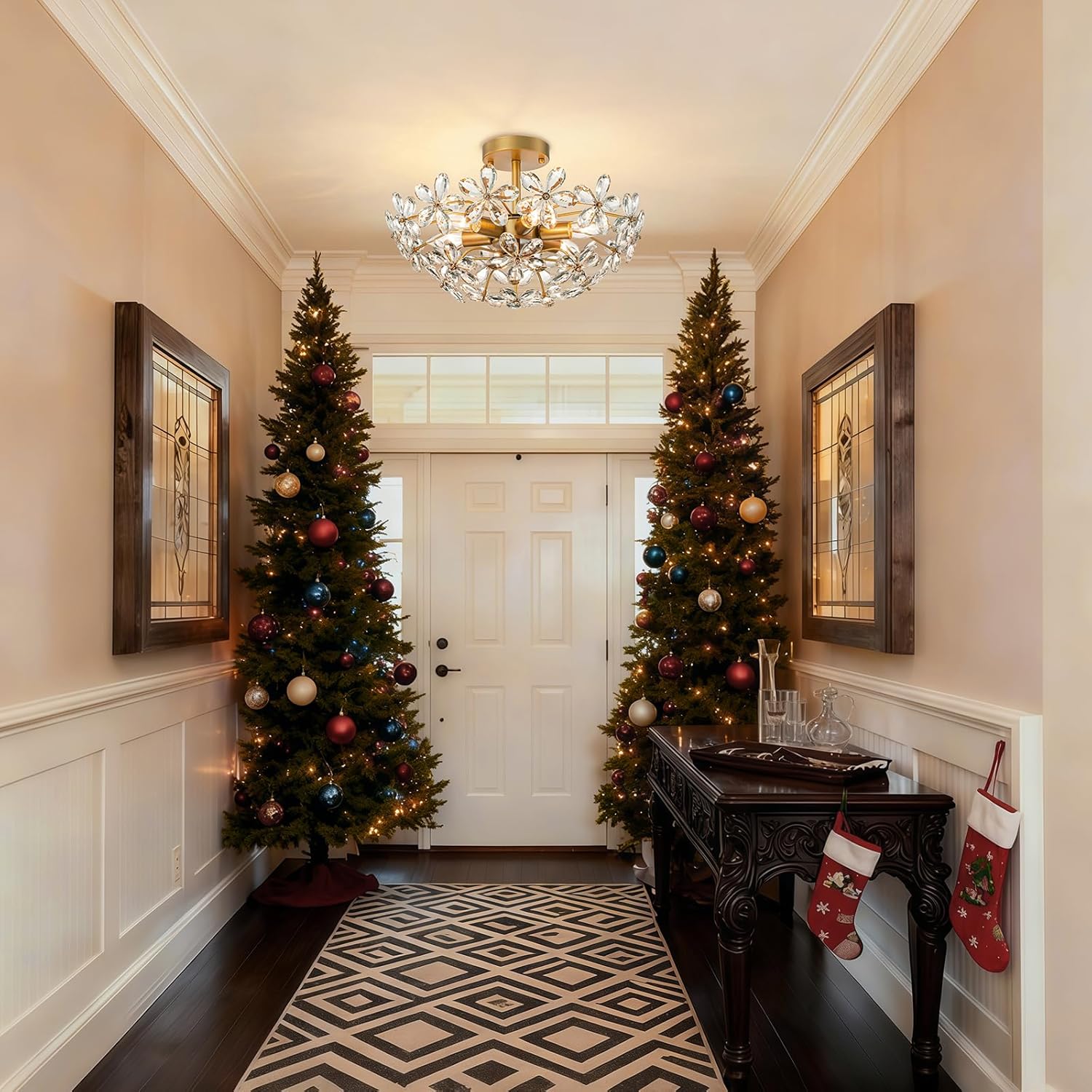 Modern Flush Mount Crystal Ceiling Light - 6-Light Gold Semi-Flush Fixture with Floral K9 Crystals & E12 Sockets