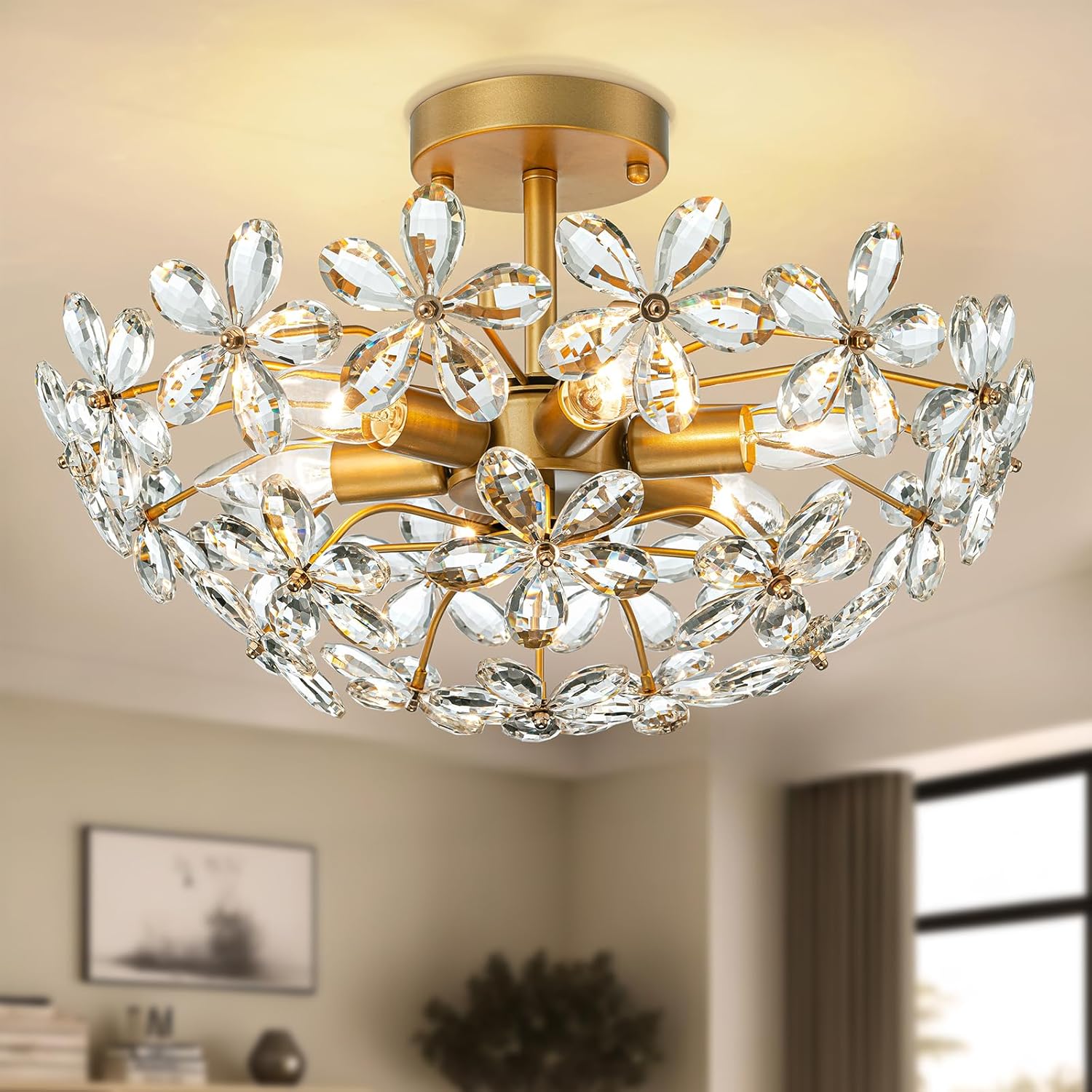 Modern Flush Mount Crystal Ceiling Light - 6-Light Gold Semi-Flush Fixture with Floral K9 Crystals & E12 Sockets