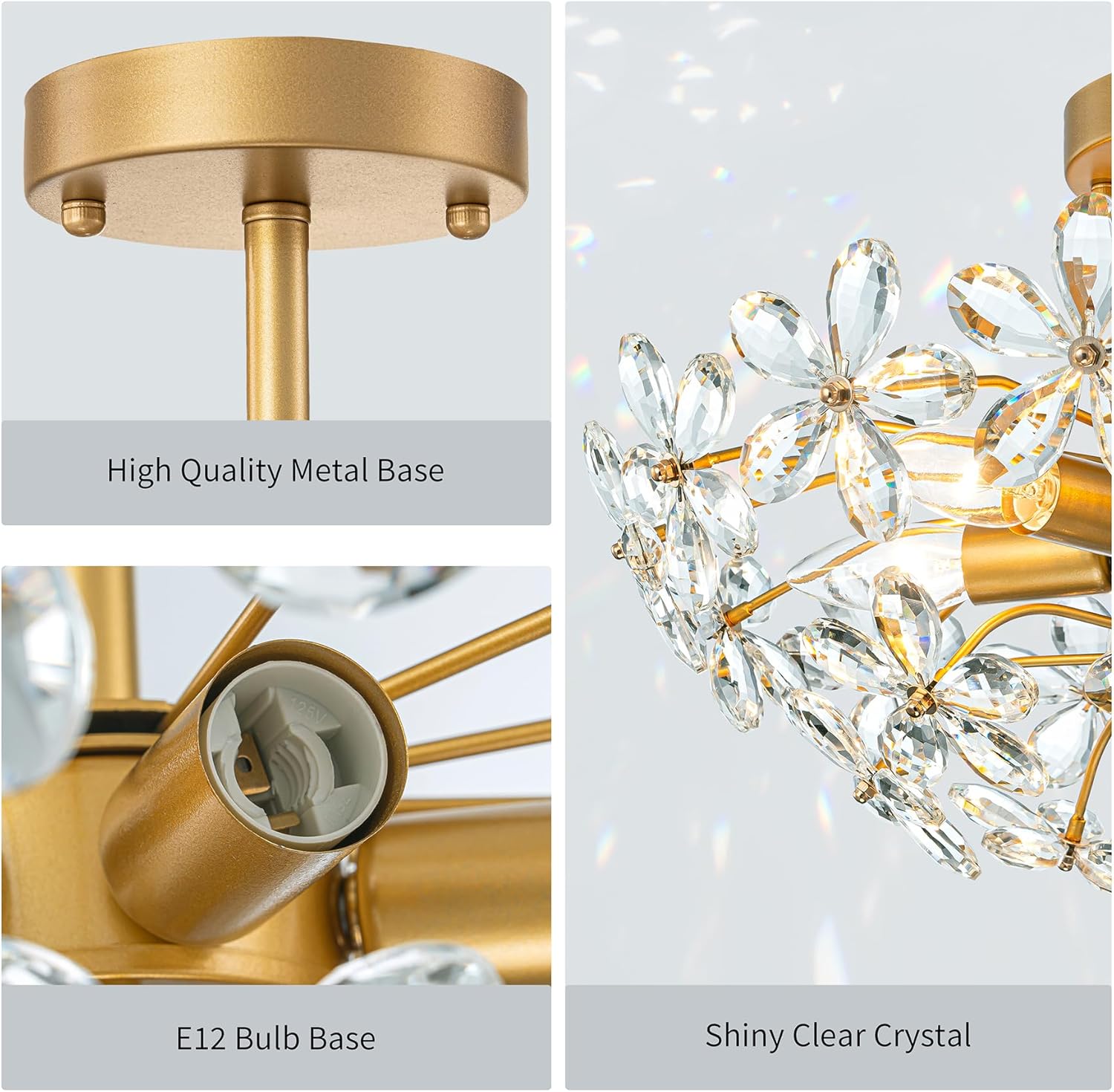 Modern Flush Mount Crystal Ceiling Light - 6-Light Gold Semi-Flush Fixture with Floral K9 Crystals & E12 Sockets