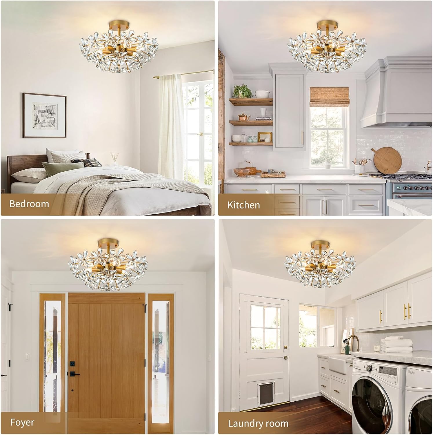 Modern Flush Mount Crystal Ceiling Light - 6-Light Gold Semi-Flush Fixture with Floral K9 Crystals & E12 Sockets