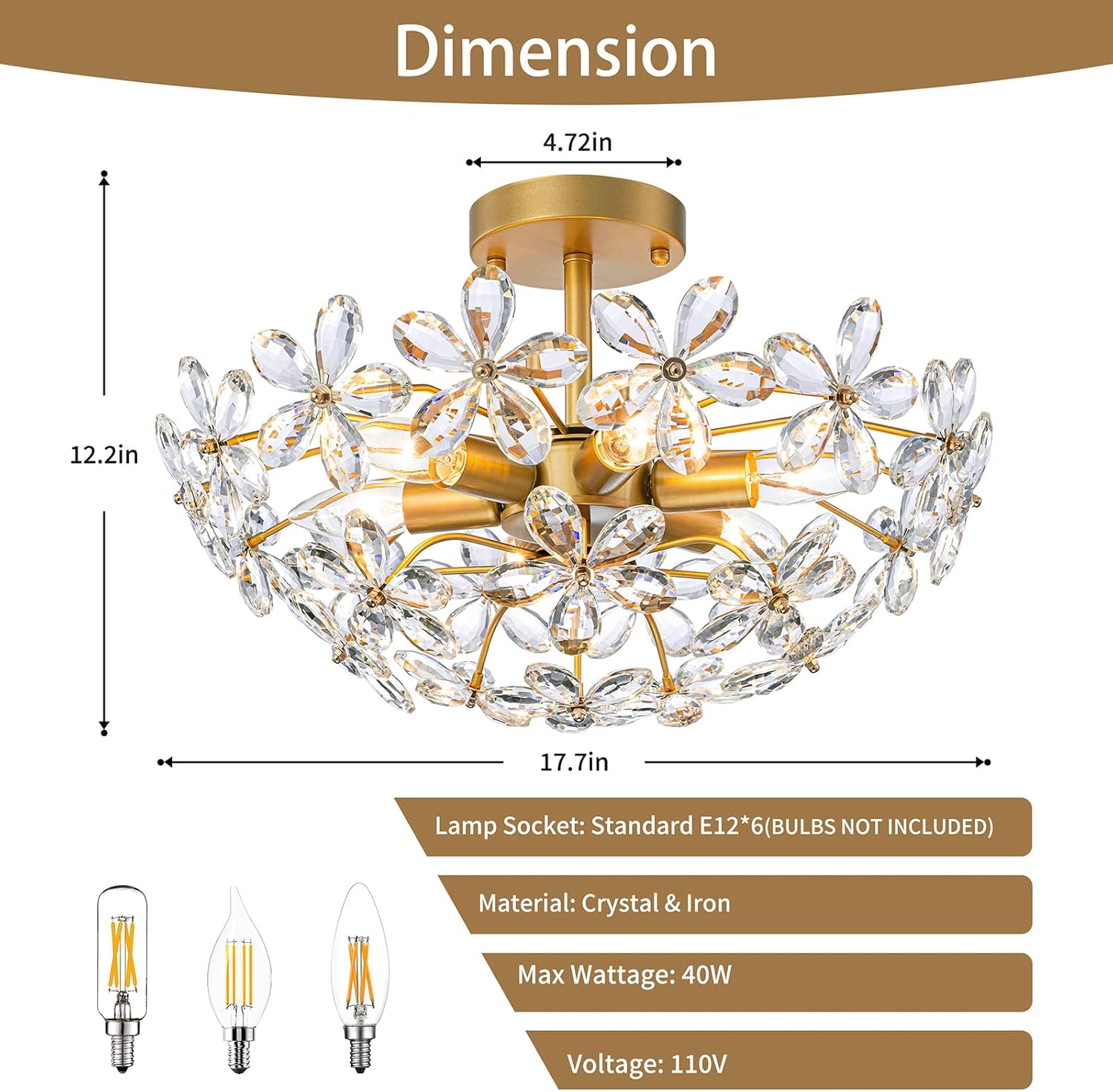 Modern Flush Mount Crystal Ceiling Light - 6-Light Gold Semi-Flush Fixture with Floral K9 Crystals & E12 Sockets