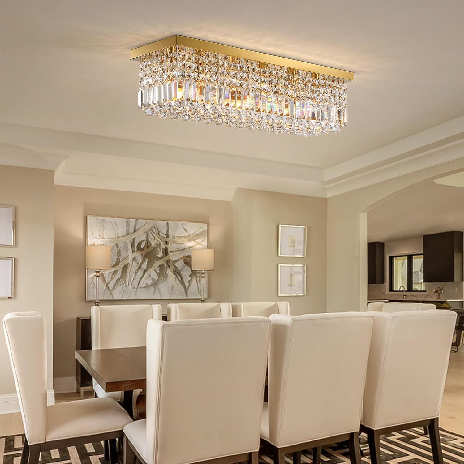 Flush Mount Gold Crystal Chandelier with 3-Color Dimmable Light