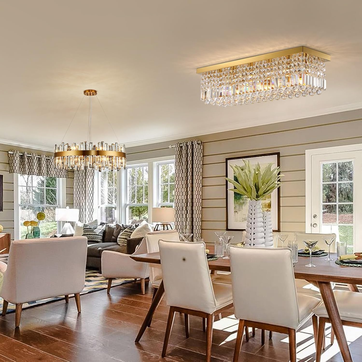 Flush Mount Gold Crystal Chandelier with 3-Color Dimmable Light