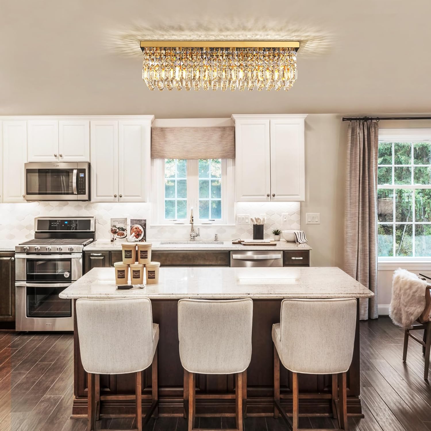 Flush Mount Gold Crystal Chandelier with 3-Color Dimmable Light