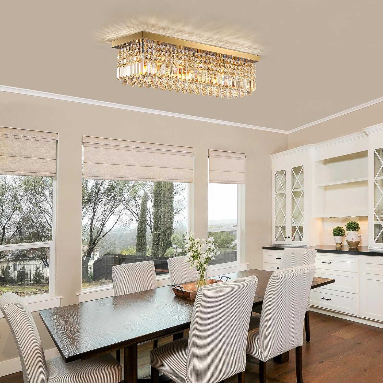 Flush Mount Gold Crystal Chandelier with 3-Color Dimmable Light