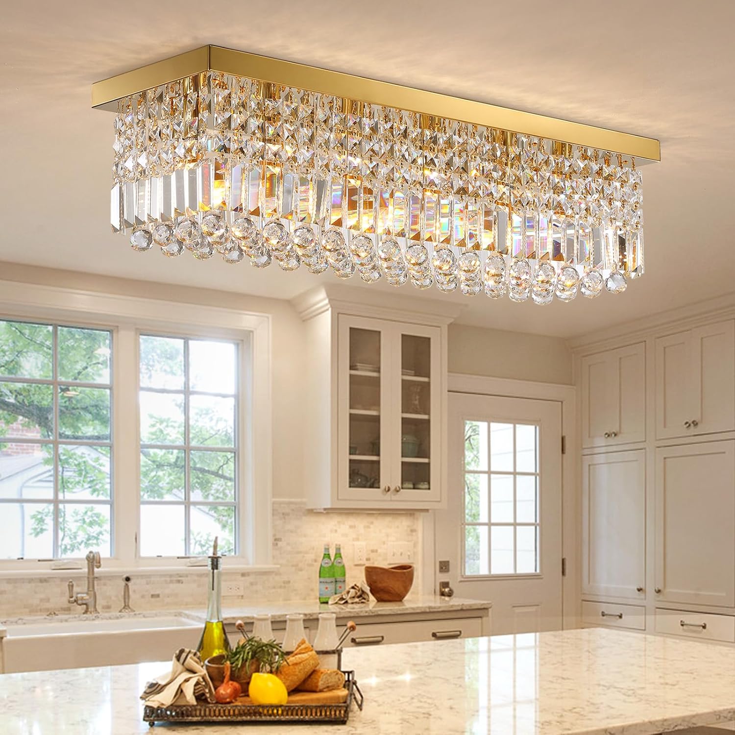 Flush Mount Gold Crystal Chandelier with 3-Color Dimmable Light