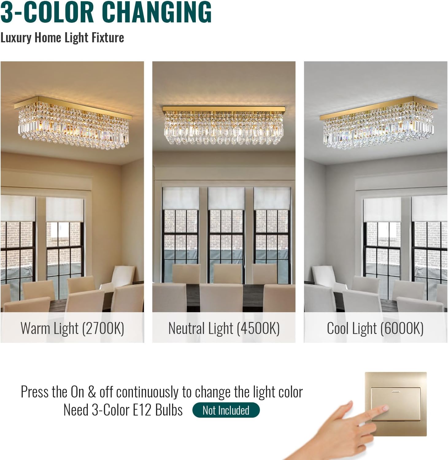 Flush Mount Gold Crystal Chandelier with 3-Color Dimmable Light