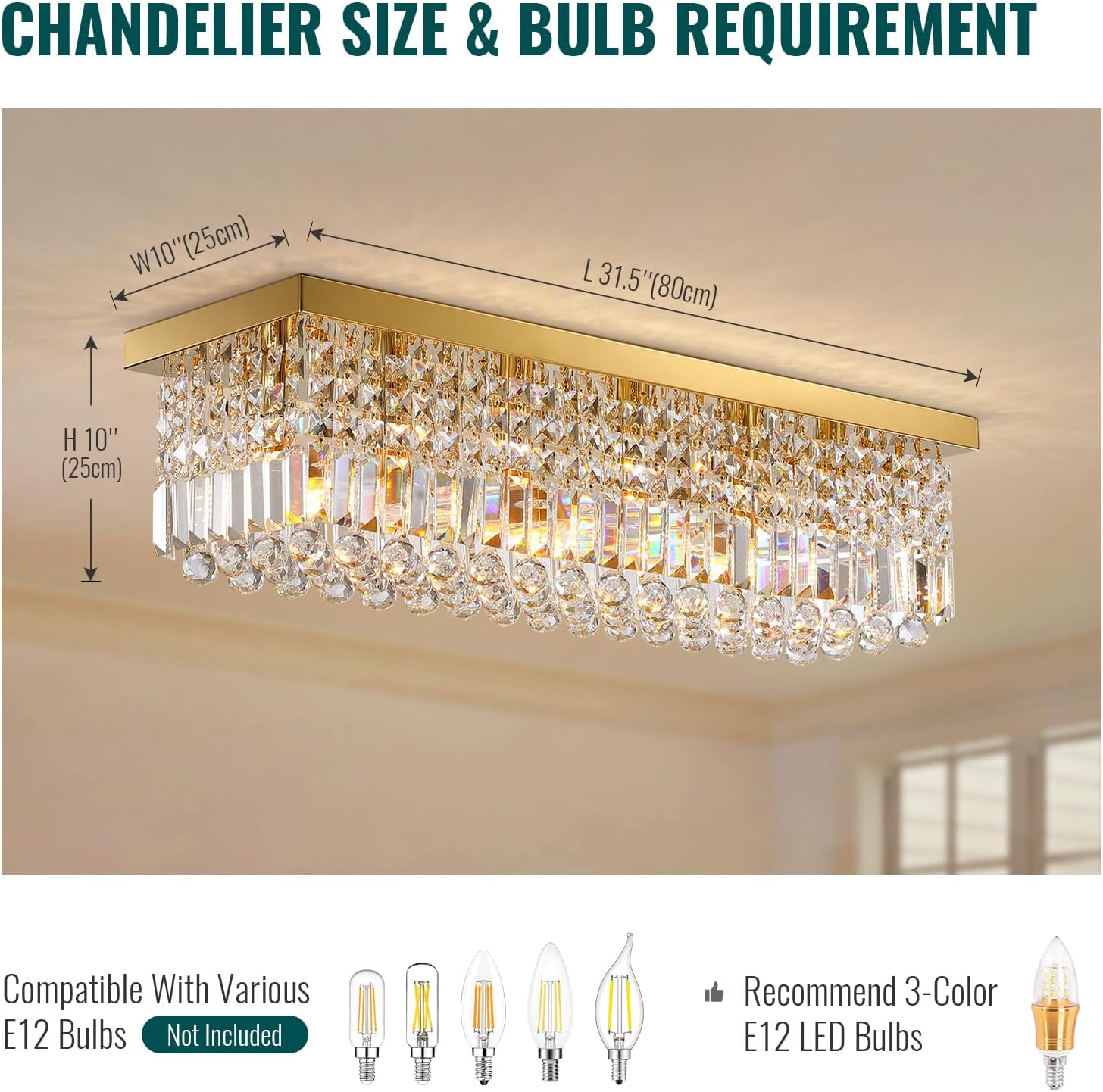 Flush Mount Gold Crystal Chandelier with 3-Color Dimmable Light