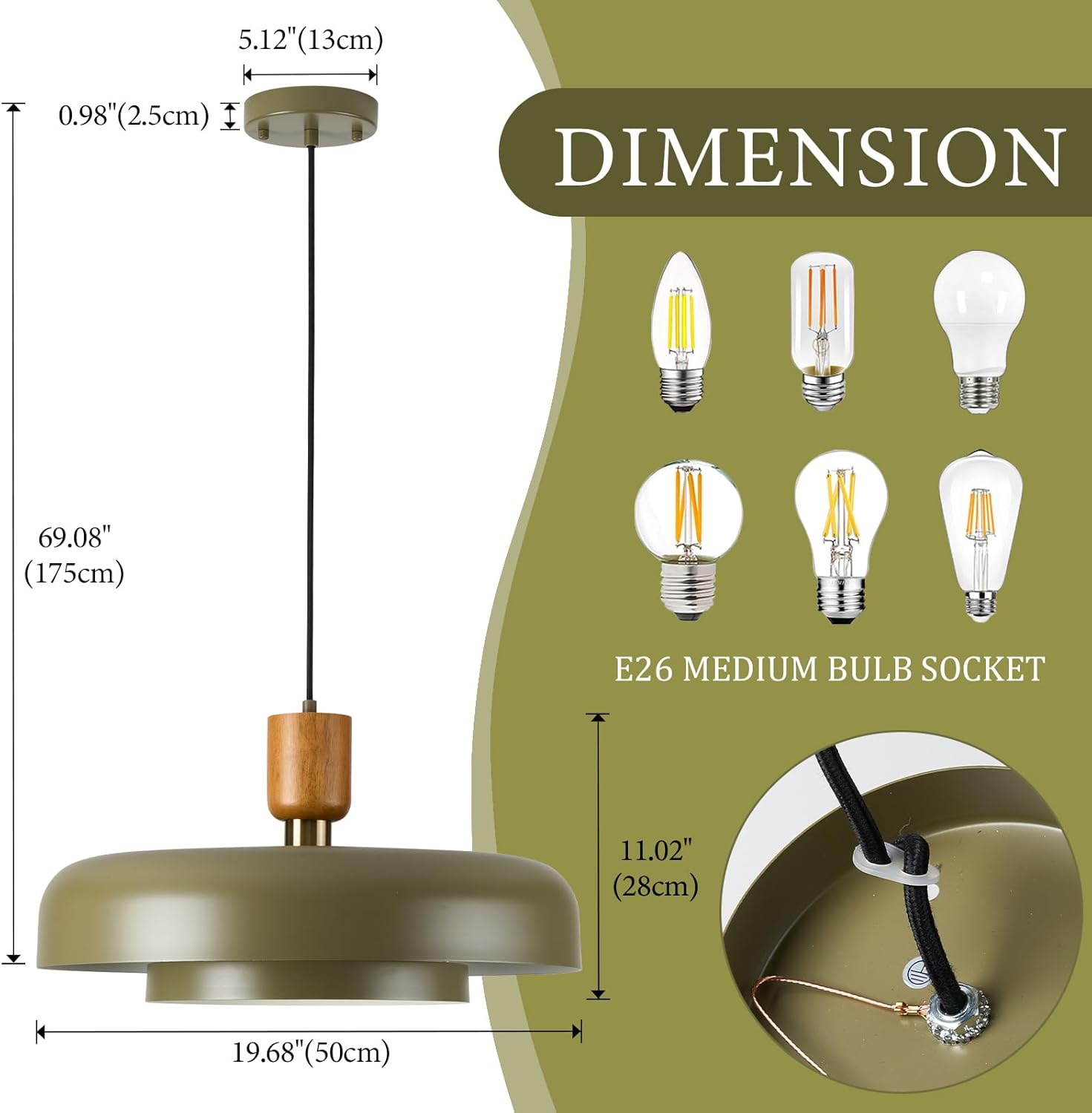Modern Matte Green Pendant Light with Wood and Gold Accent - Adjustable E26 LED Lamp