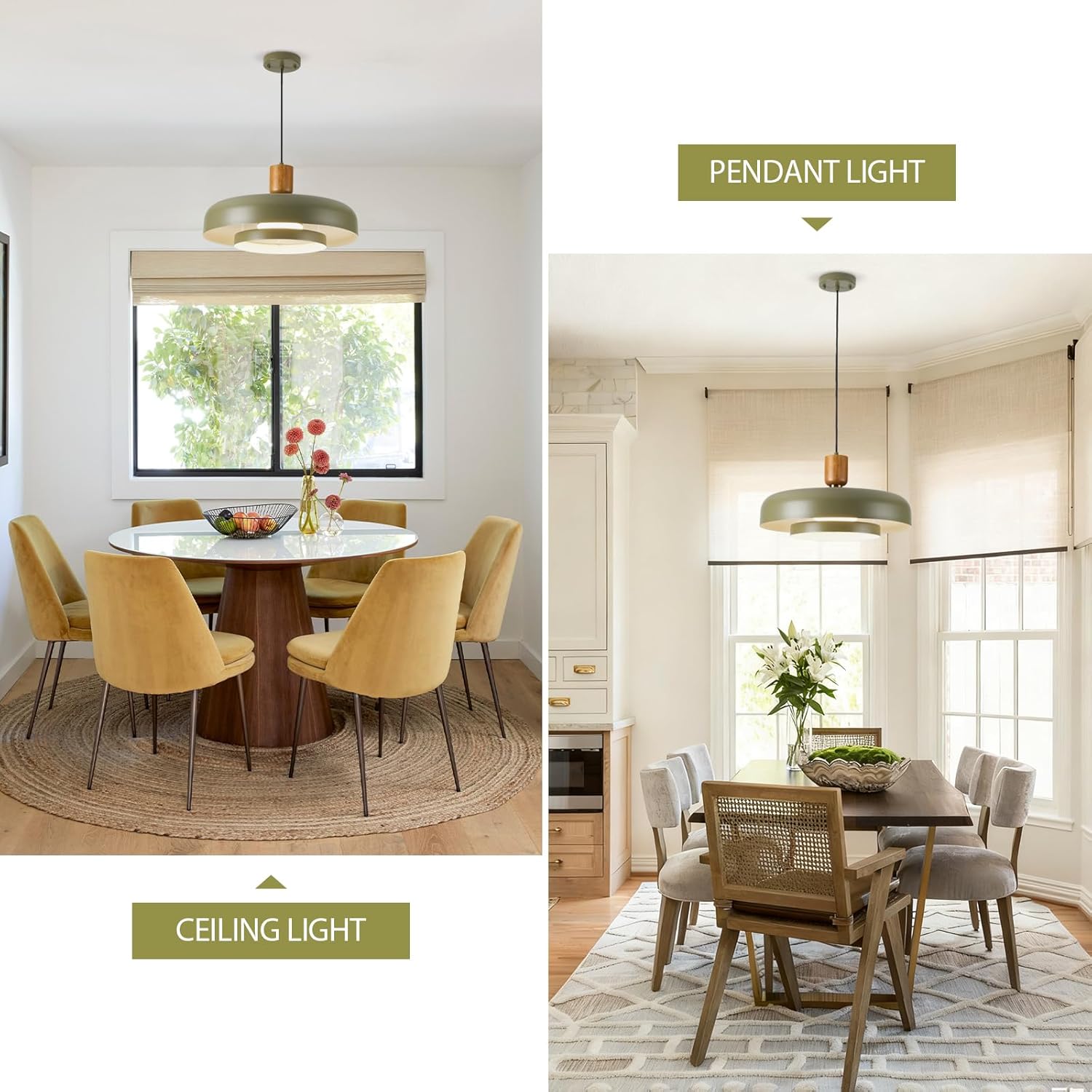 Modern Matte Green Pendant Light with Wood and Gold Accent - Adjustable E26 LED Lamp