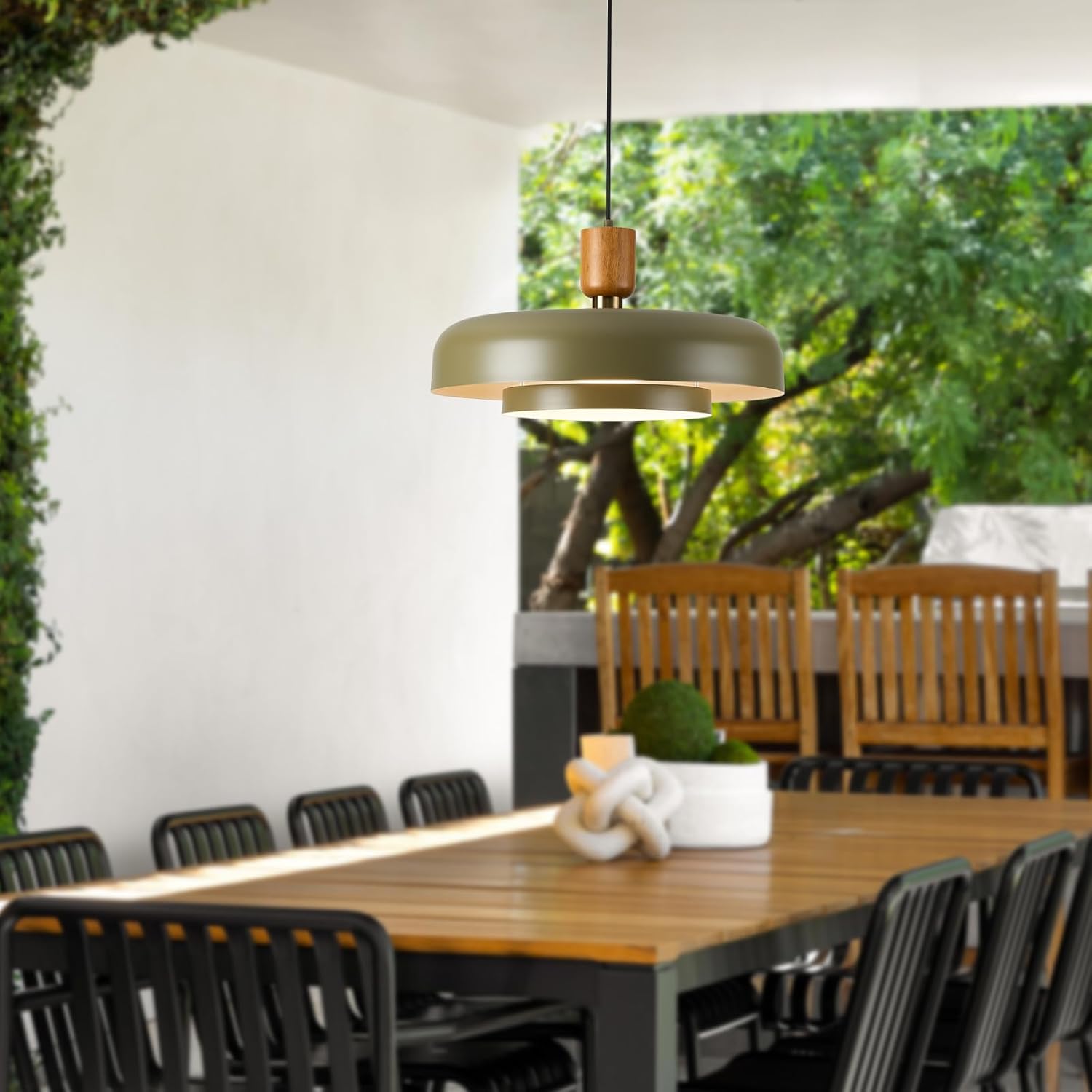 Modern Matte Green Pendant Light with Wood and Gold Accent - Adjustable E26 LED Lamp