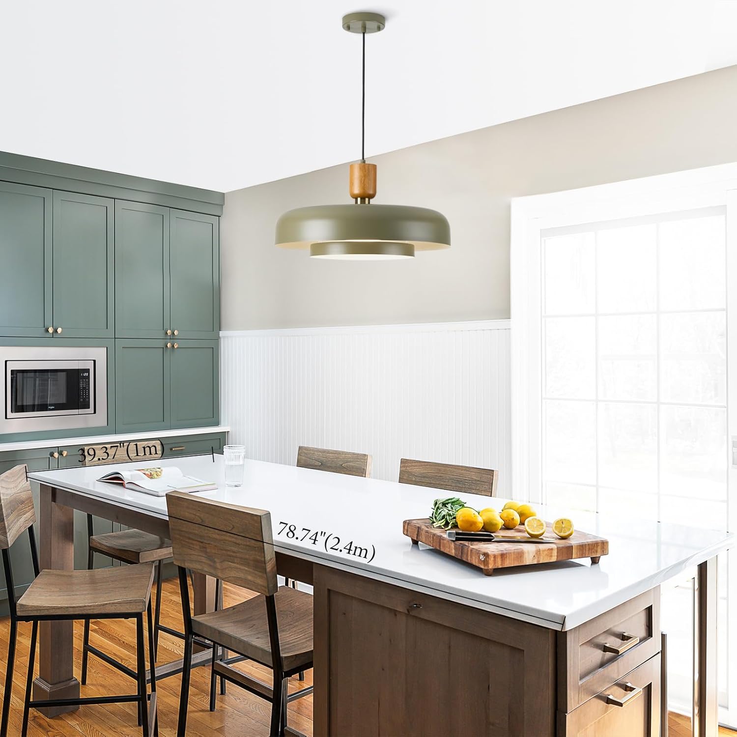 Modern Matte Green Pendant Light with Wood and Gold Accent - Adjustable E26 LED Lamp