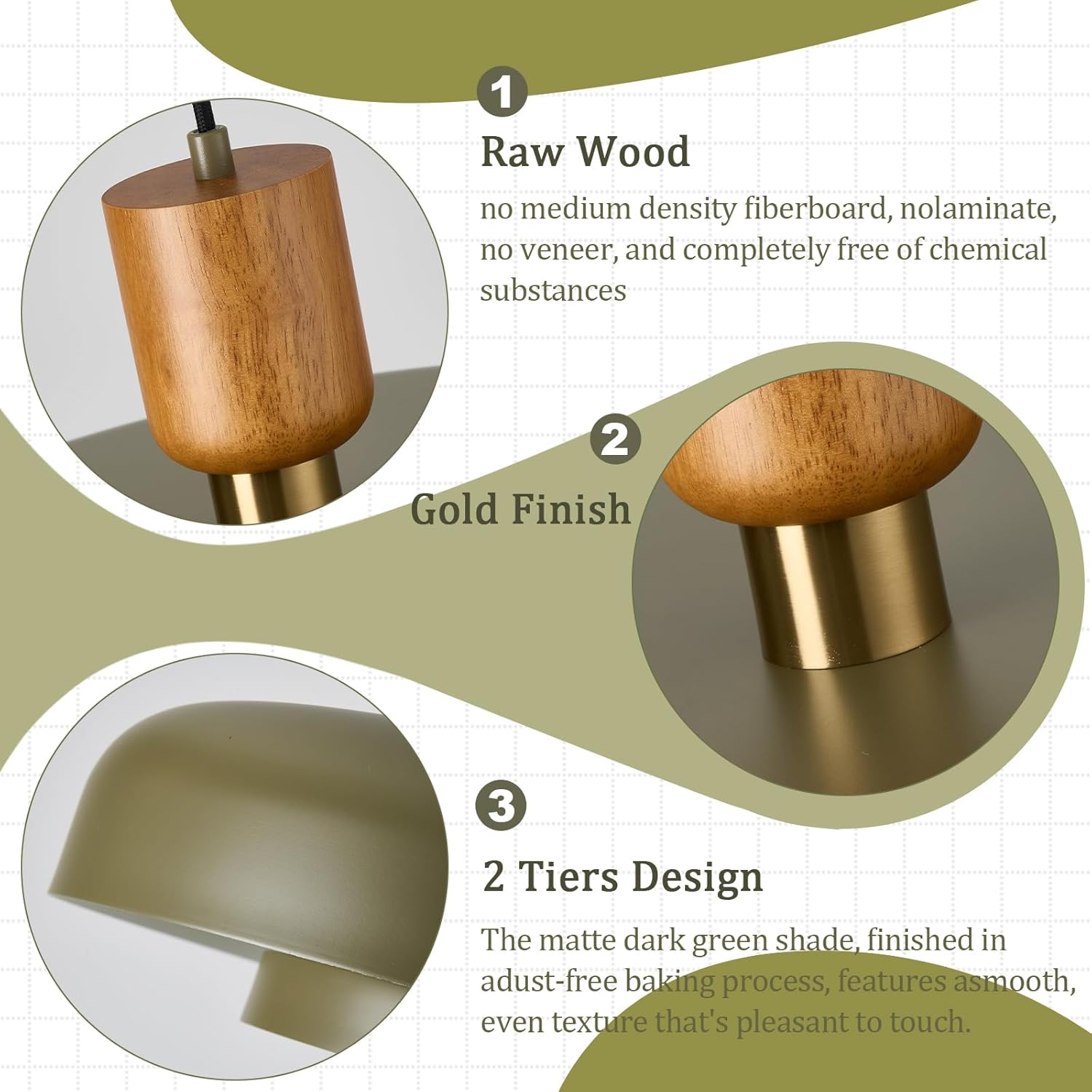 Modern Matte Green Pendant Light with Wood and Gold Accent - Adjustable E26 LED Lamp
