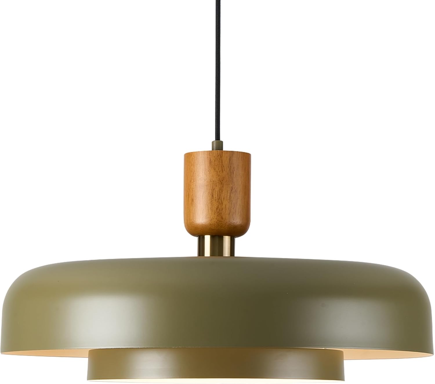 Modern Matte Green Pendant Light with Wood and Gold Accent - Adjustable E26 LED Lamp