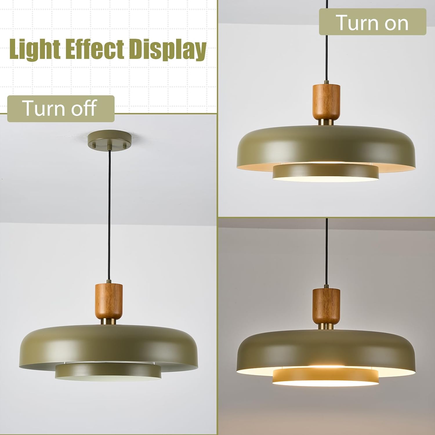 Modern Matte Green Pendant Light with Wood and Gold Accent - Adjustable E26 LED Lamp