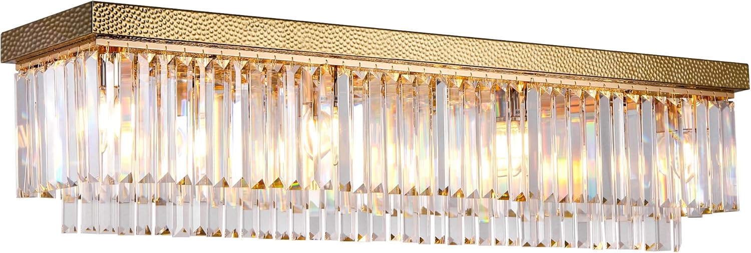Modern Luxury Brass Gold Flush Mount Crystal Ceiling Light Fixture, 40” Rectangular K9 Raindrop Chandelier with E12 Sockets for Living Room, Kitchen Island, Dining Room