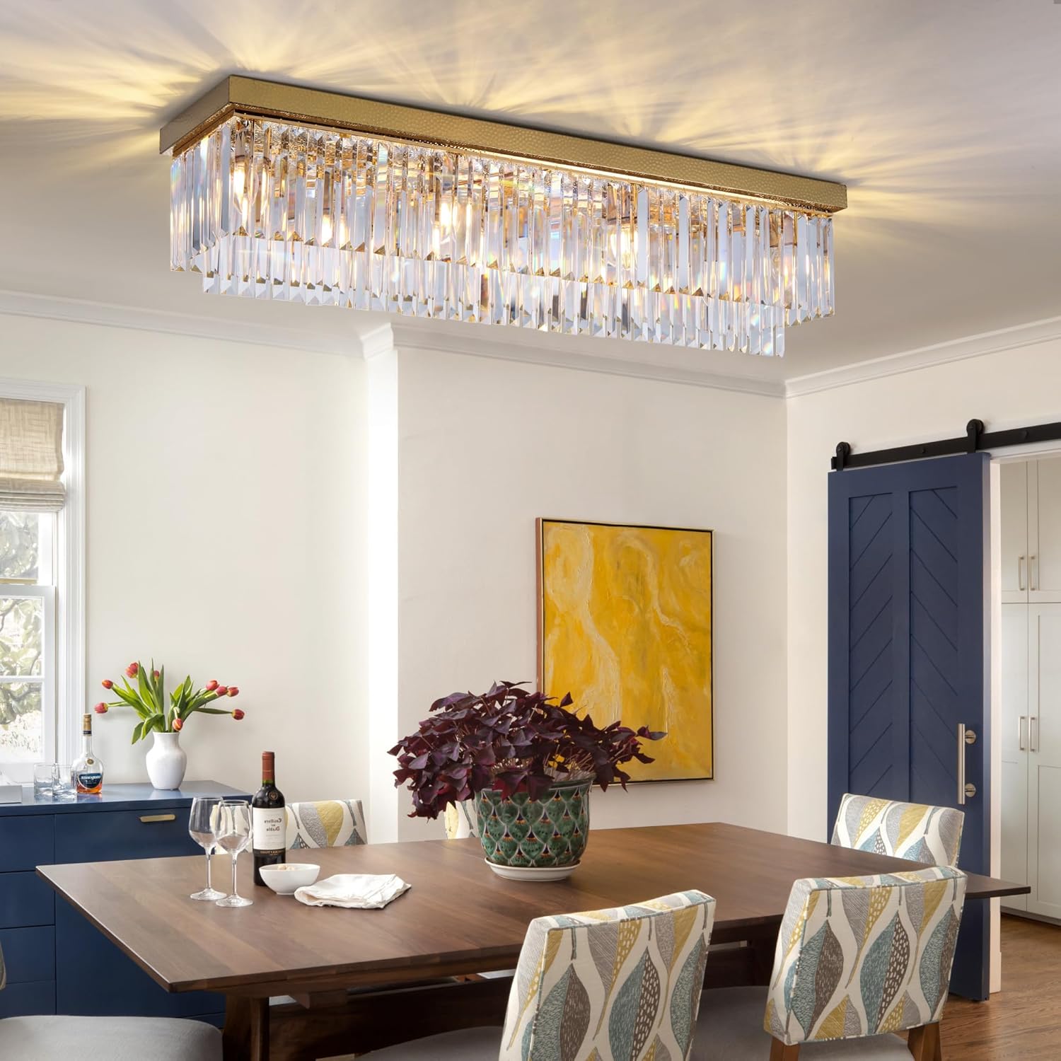 Modern Luxury Brass Gold Flush Mount Crystal Ceiling Light Fixture, 40” Rectangular K9 Raindrop Chandelier with E12 Sockets for Living Room, Kitchen Island, Dining Room