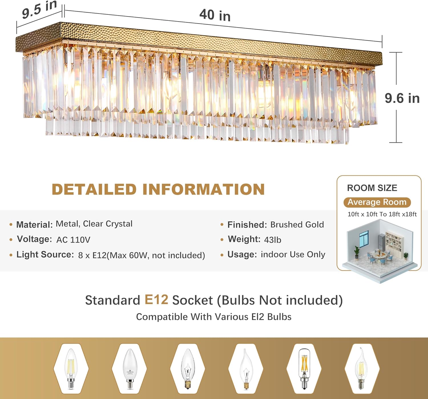 Modern Luxury Brass Gold Flush Mount Crystal Ceiling Light Fixture, 40” Rectangular K9 Raindrop Chandelier with E12 Sockets for Living Room, Kitchen Island, Dining Room