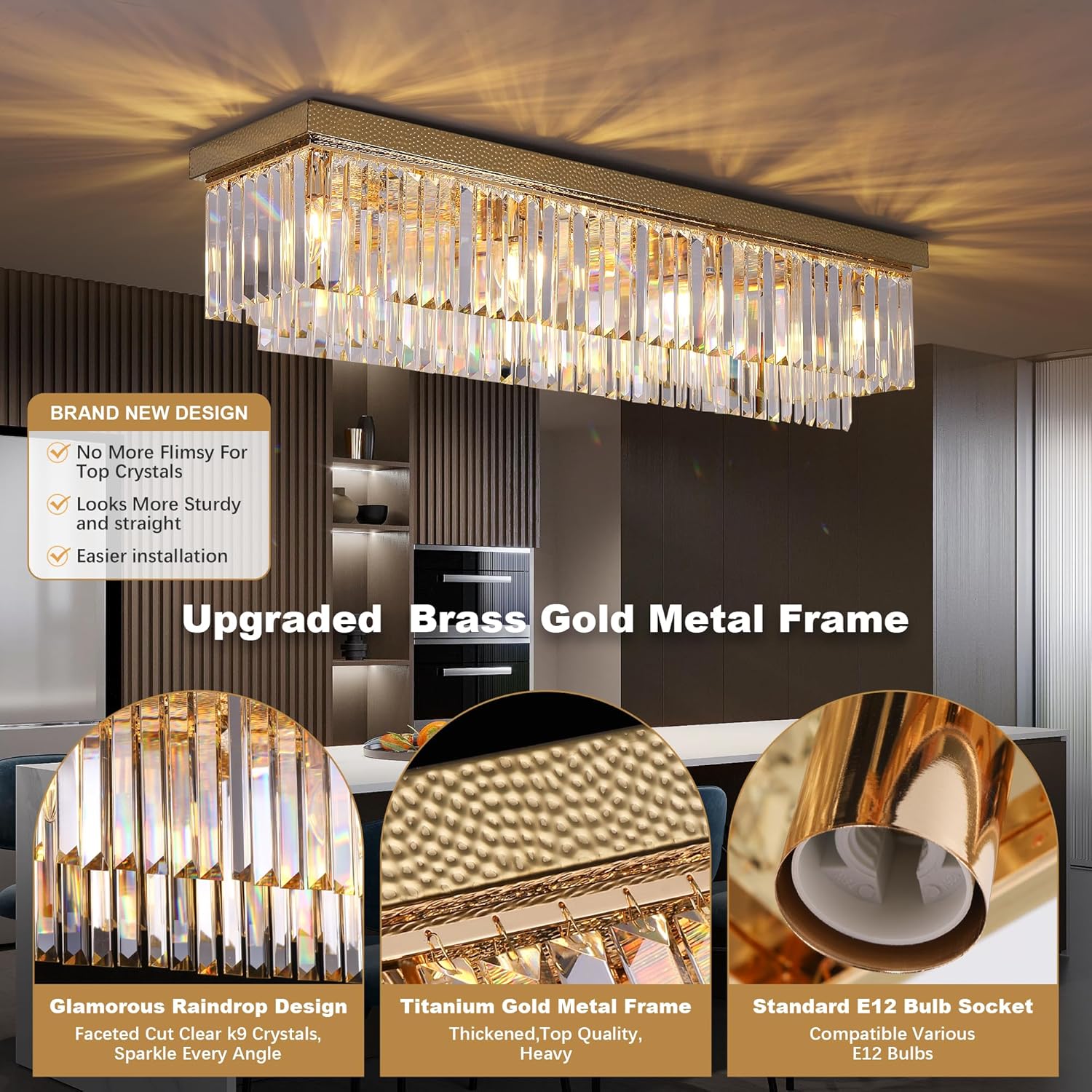 Modern Luxury Brass Gold Flush Mount Crystal Ceiling Light Fixture, 40” Rectangular K9 Raindrop Chandelier with E12 Sockets for Living Room, Kitchen Island, Dining Room