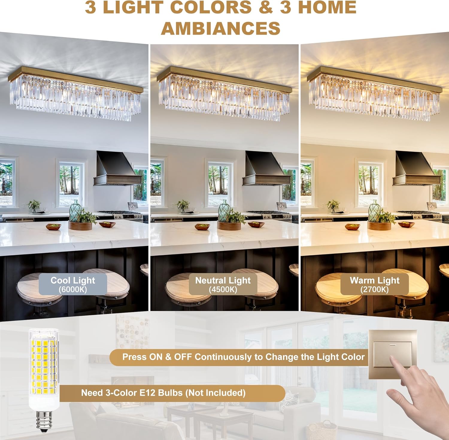 Modern Luxury Brass Gold Flush Mount Crystal Ceiling Light Fixture, 40” Rectangular K9 Raindrop Chandelier with E12 Sockets for Living Room, Kitchen Island, Dining Room
