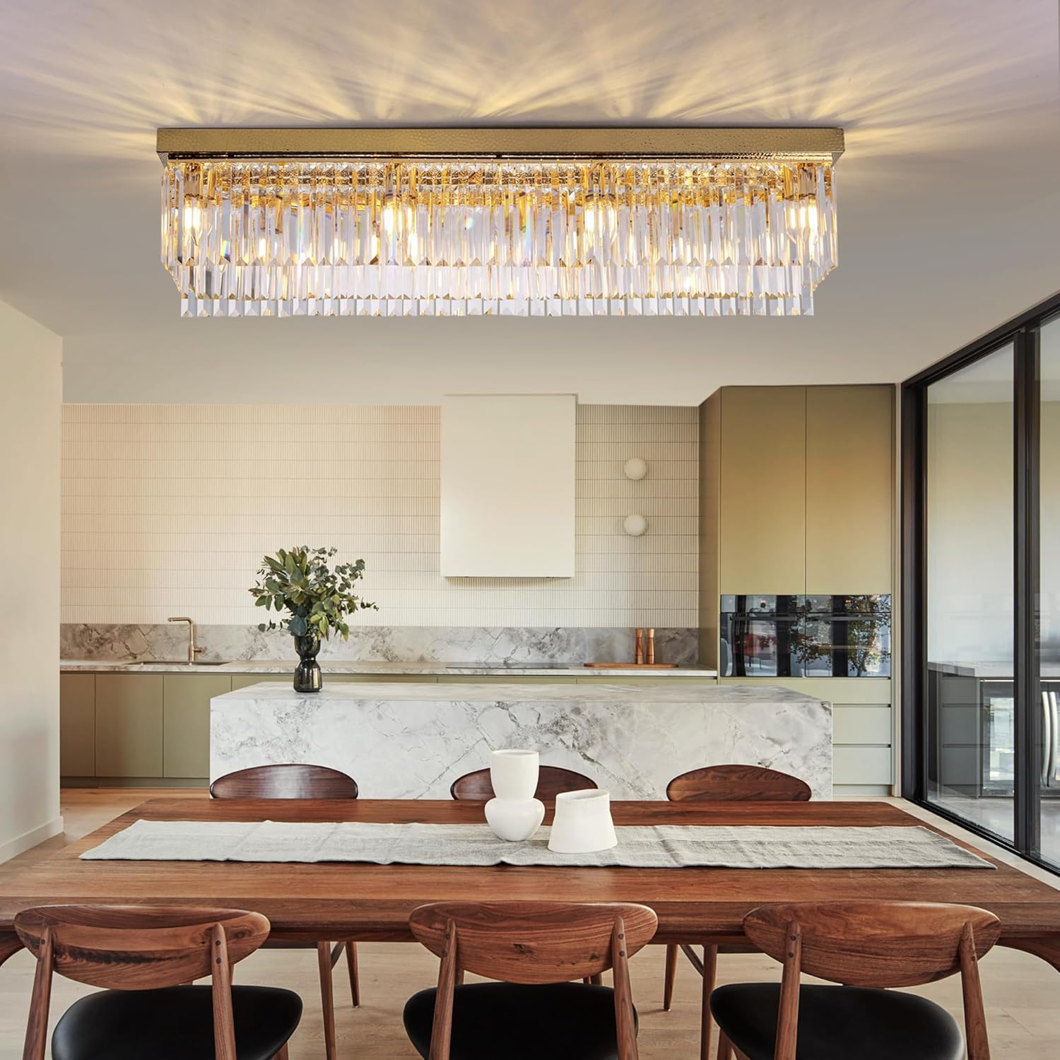 Modern Luxury Brass Gold Flush Mount Crystal Ceiling Light Fixture, 40” Rectangular K9 Raindrop Chandelier with E12 Sockets for Living Room, Kitchen Island, Dining Room