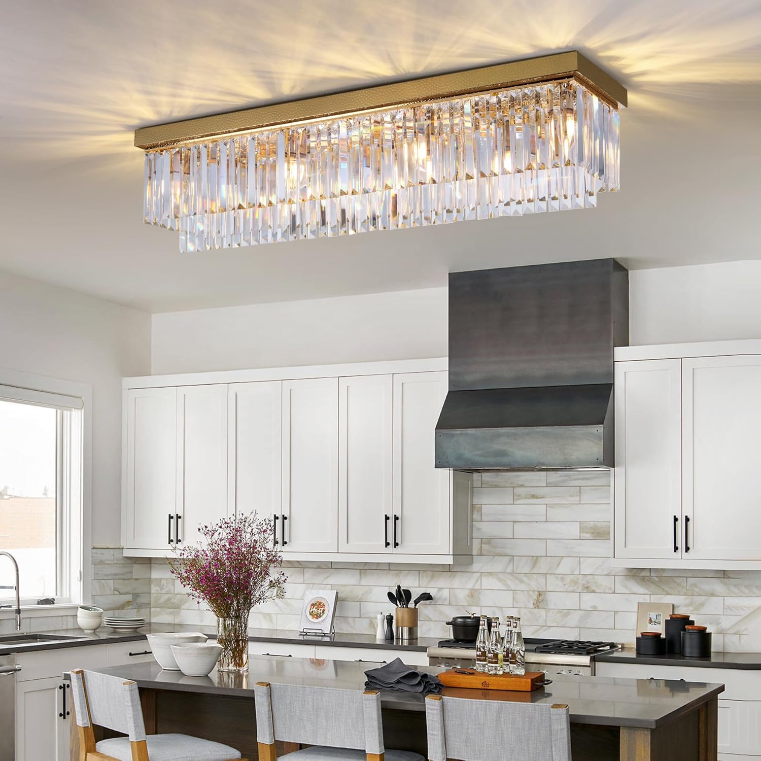 Modern Luxury Brass Gold Flush Mount Crystal Ceiling Light Fixture, 40” Rectangular K9 Raindrop Chandelier with E12 Sockets for Living Room, Kitchen Island, Dining Room