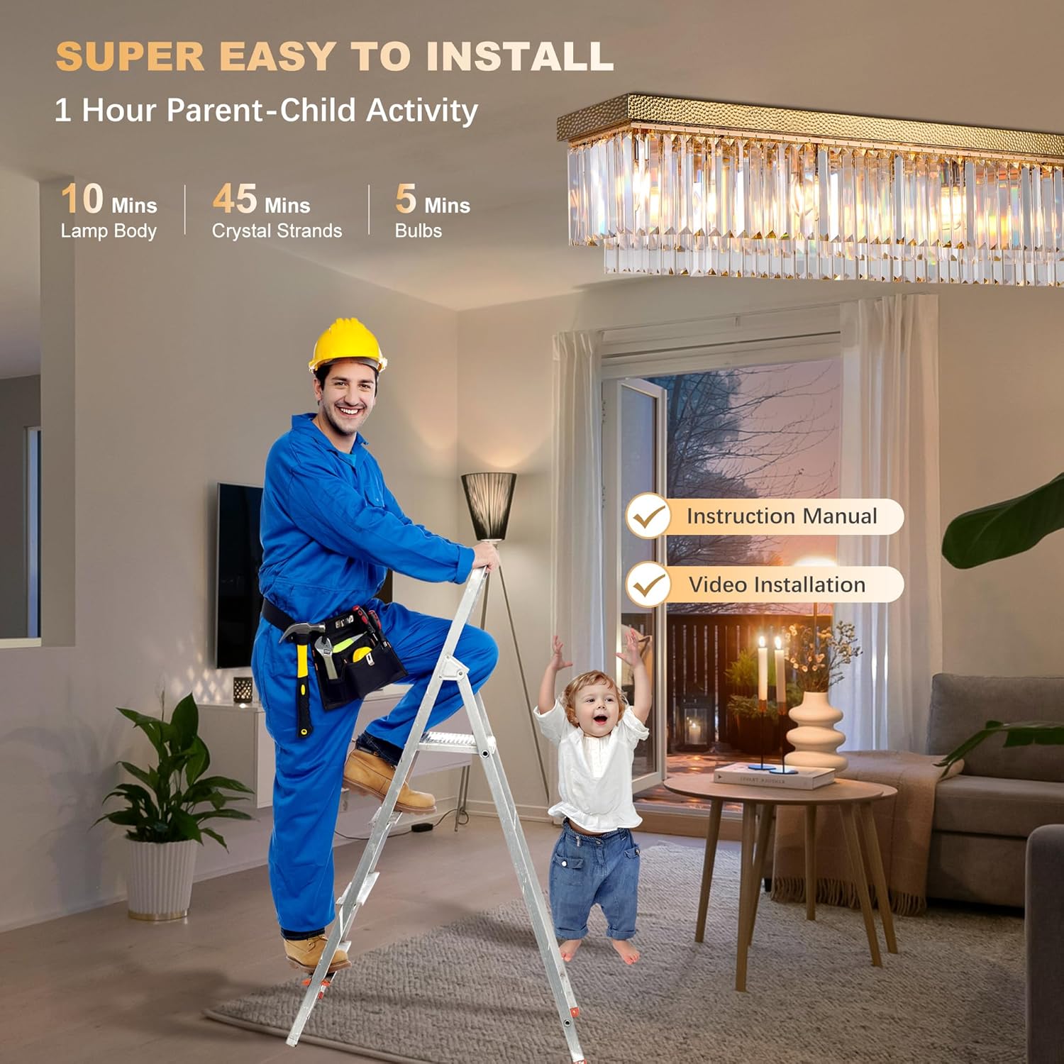 Modern Luxury Brass Gold Flush Mount Crystal Ceiling Light Fixture, 40” Rectangular K9 Raindrop Chandelier with E12 Sockets for Living Room, Kitchen Island, Dining Room