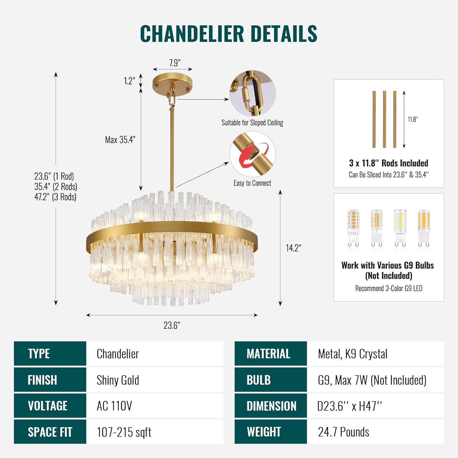 Luxury Gold Round Crystal Chandelier - 23.6