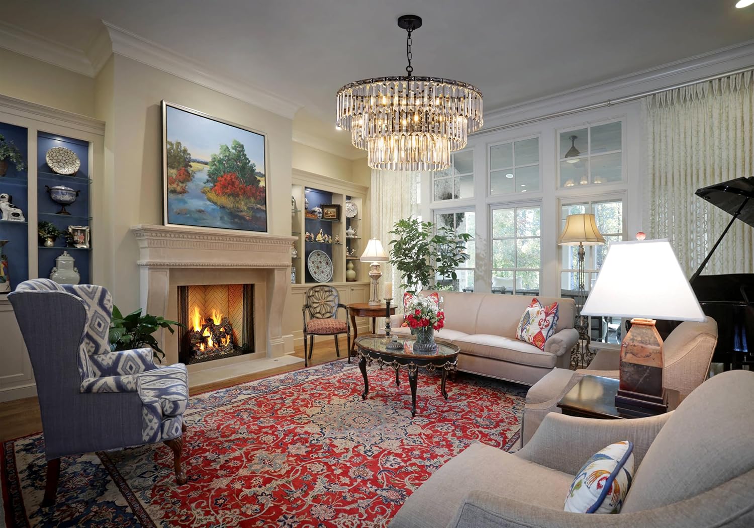 Modern Black Tiered Crystal Chandelier – Adjustable Round LED Pendant Light