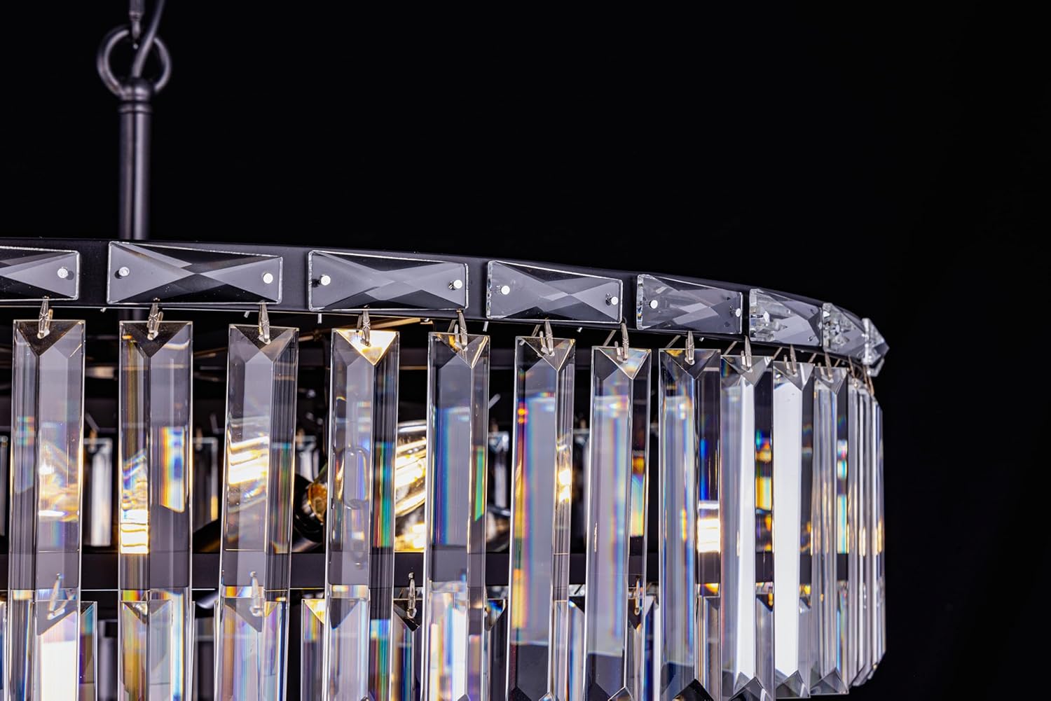 Modern Black Tiered Crystal Chandelier – Adjustable Round LED Pendant Light