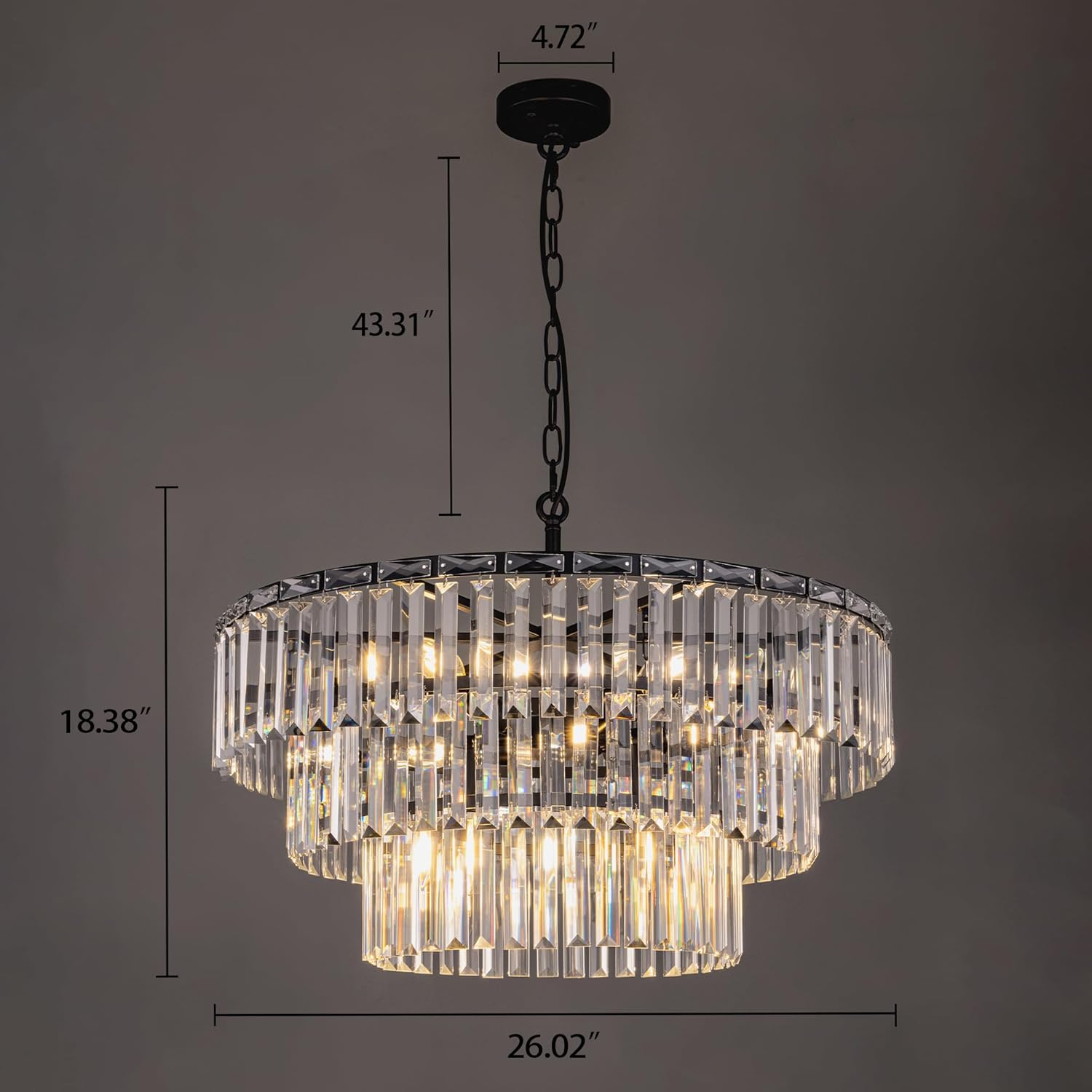 Modern Black Tiered Crystal Chandelier – Adjustable Round LED Pendant Light