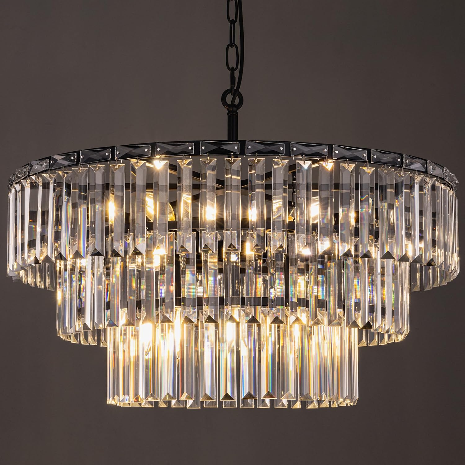 Modern Black Tiered Crystal Chandelier – Adjustable Round LED Pendant Light