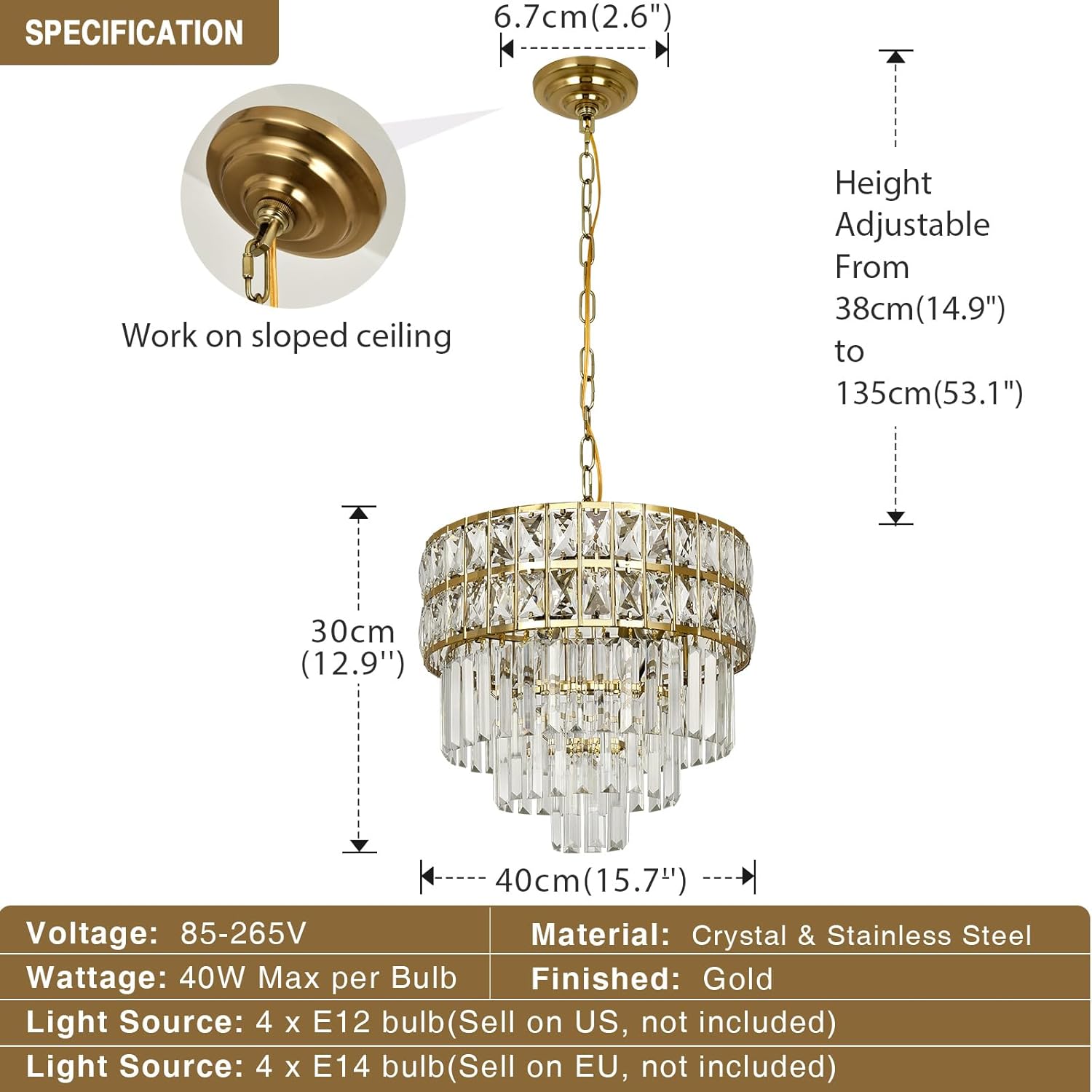Luxury Modern Gold Adjustable Height Multi-Tier Crystal Chandelier Round LED Ceiling Pendant Light