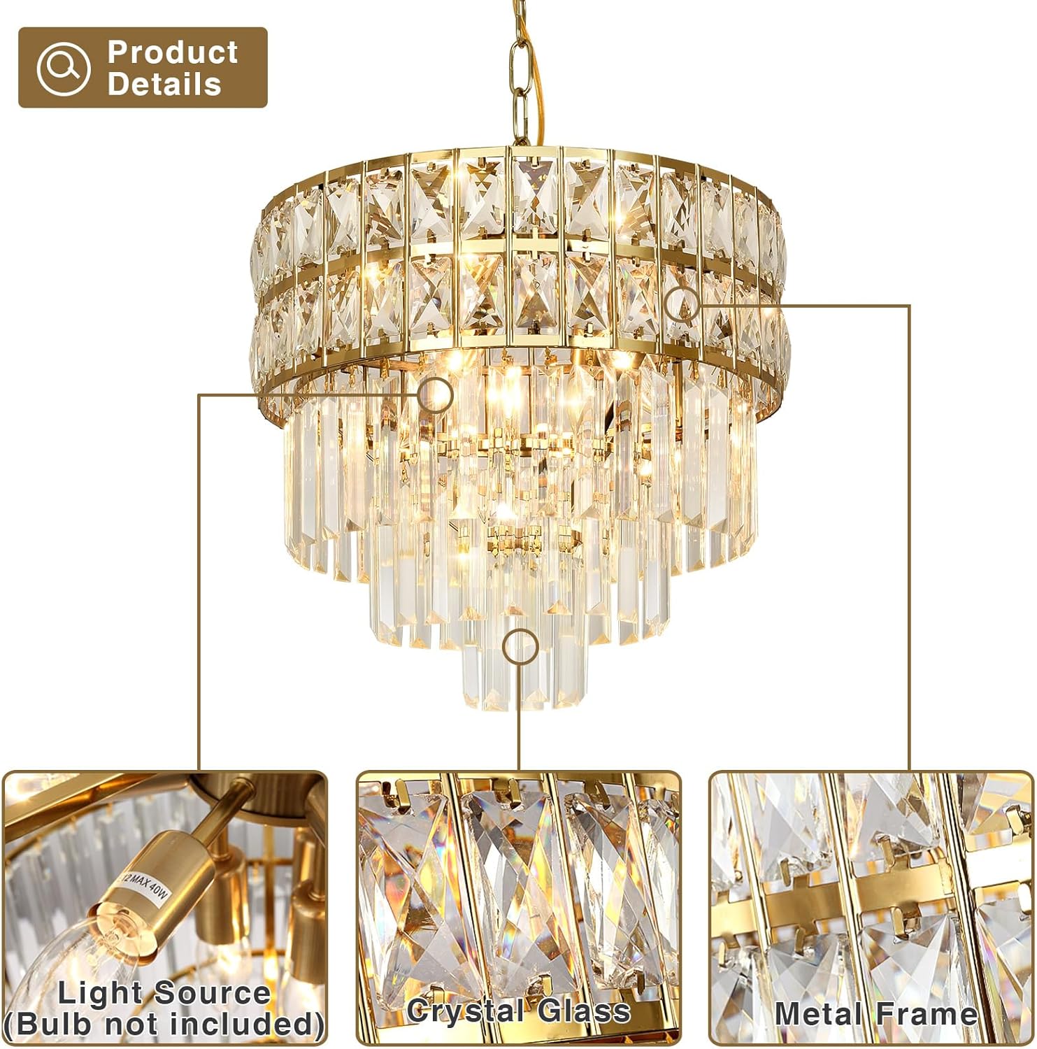 Luxury Modern Gold Adjustable Height Multi-Tier Crystal Chandelier Round LED Ceiling Pendant Light