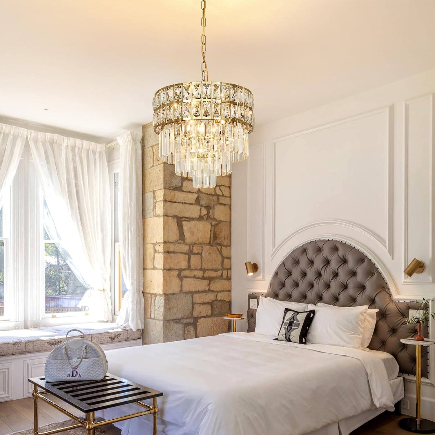 Luxury Modern Gold Adjustable Height Multi-Tier Crystal Chandelier Round LED Ceiling Pendant Light