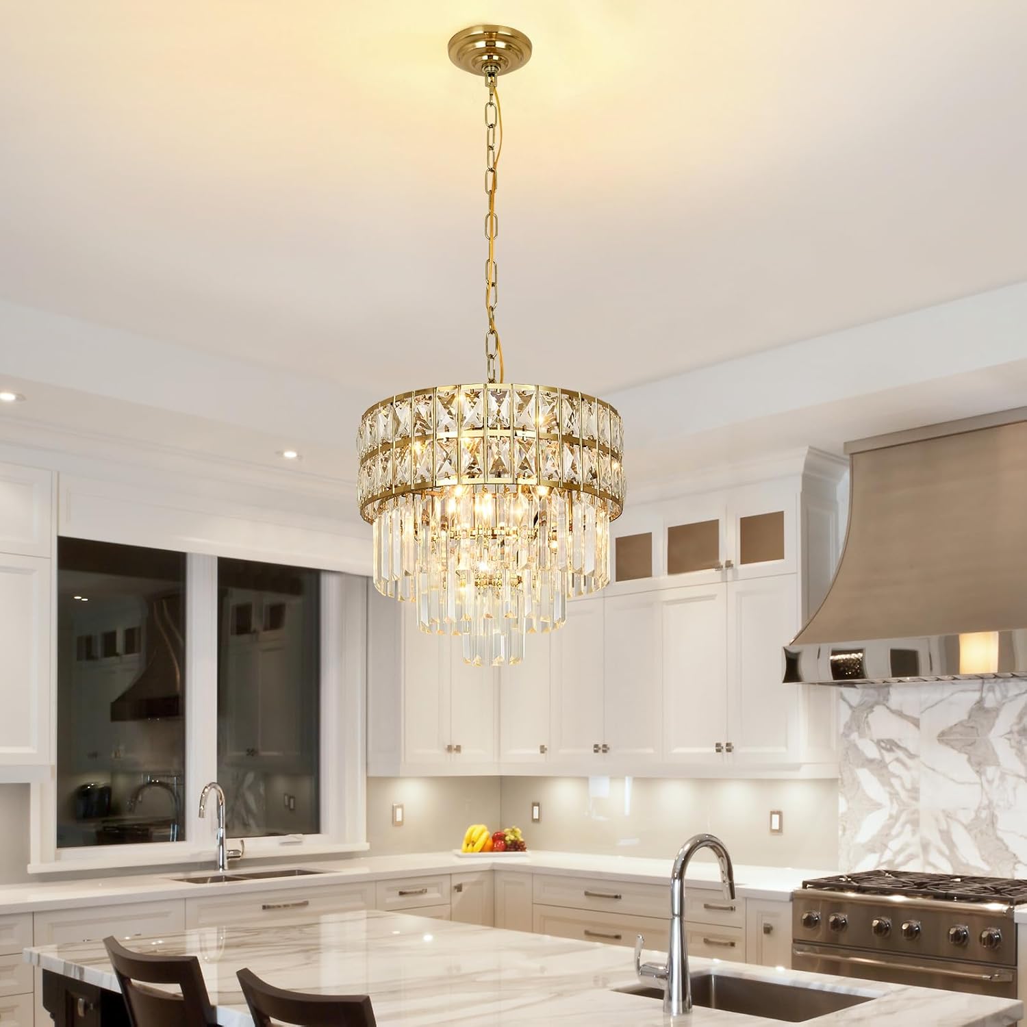 Luxury Modern Gold Adjustable Height Multi-Tier Crystal Chandelier Round LED Ceiling Pendant Light